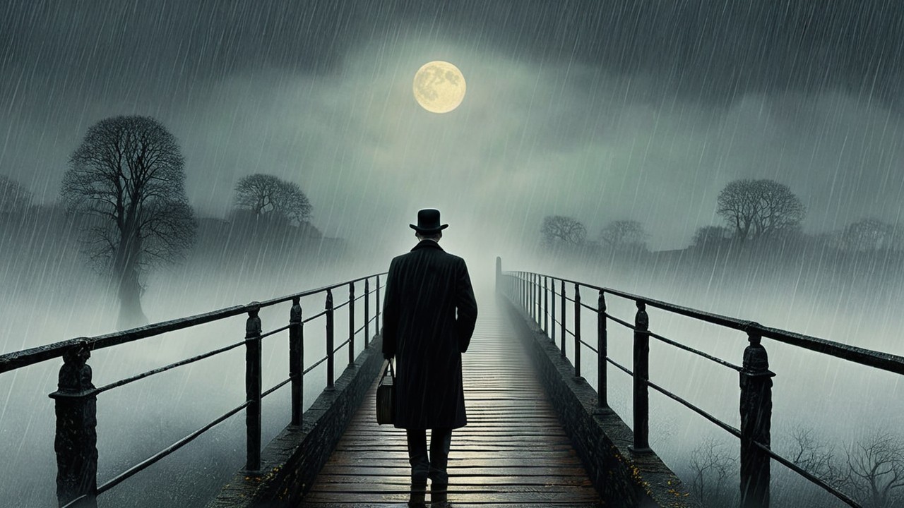 Mysterious Figure on Rainy Bridge Under Moonlight