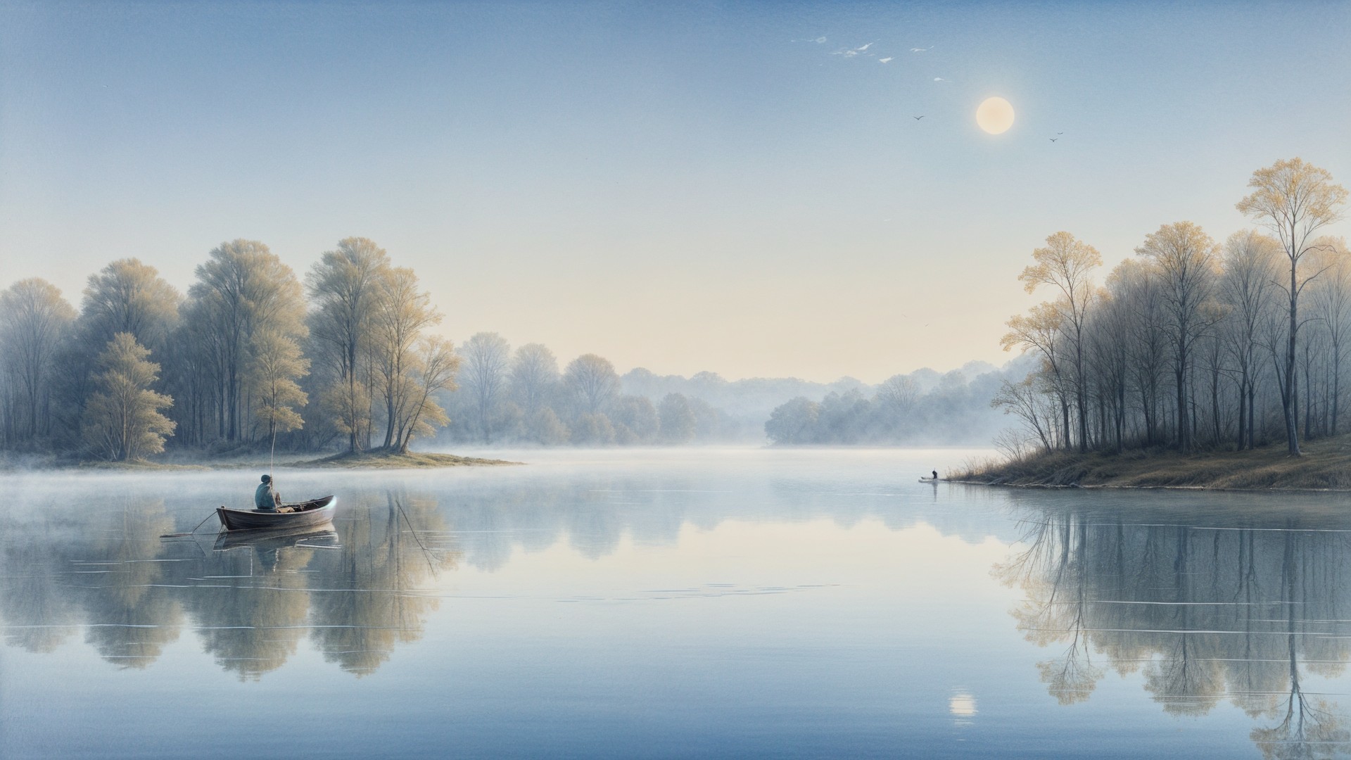 Tranquil Lake Scene with Fisherman at Sunrise