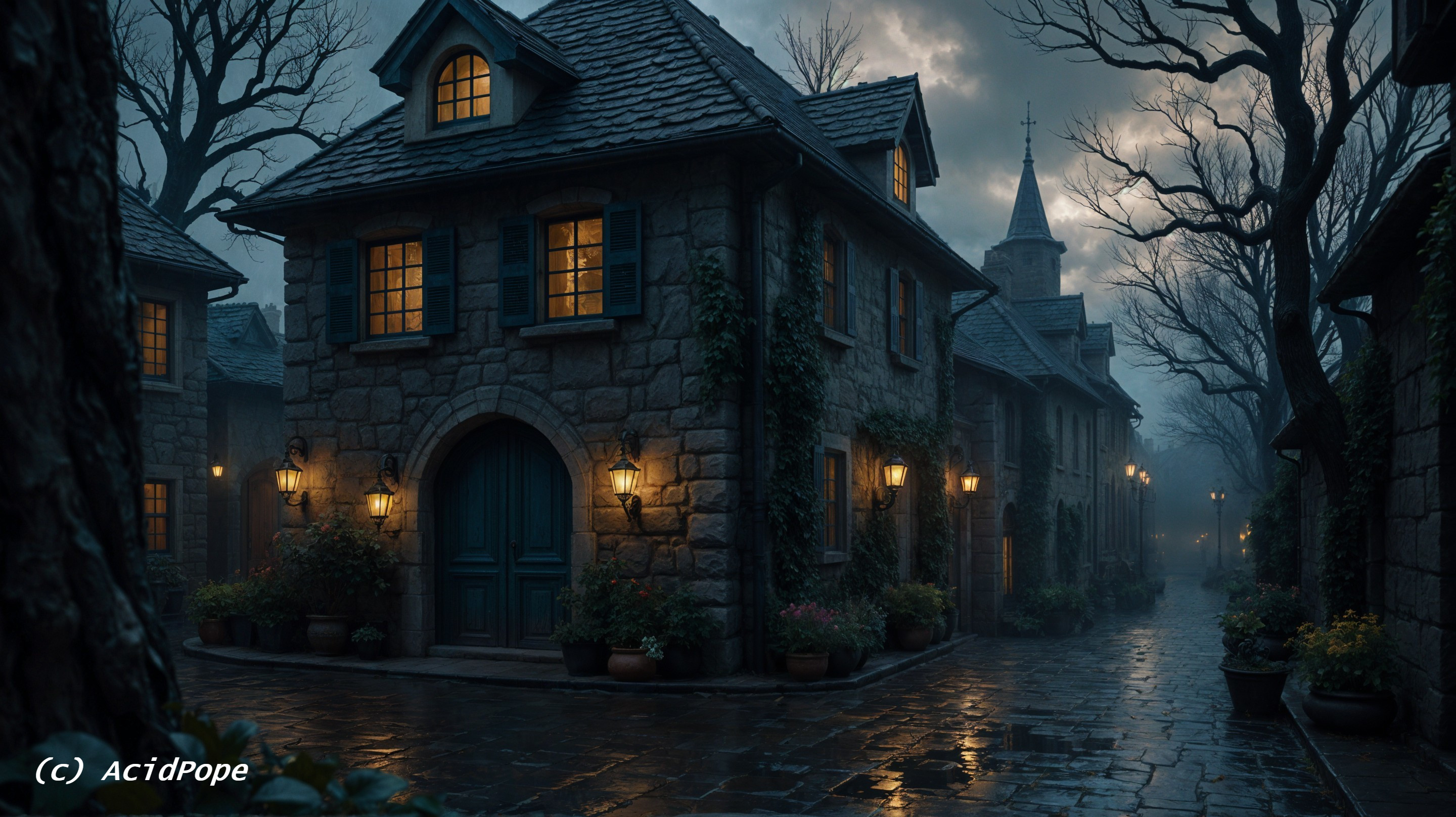 Twilight Stone Village with Lanterns and Cobblestone Streets