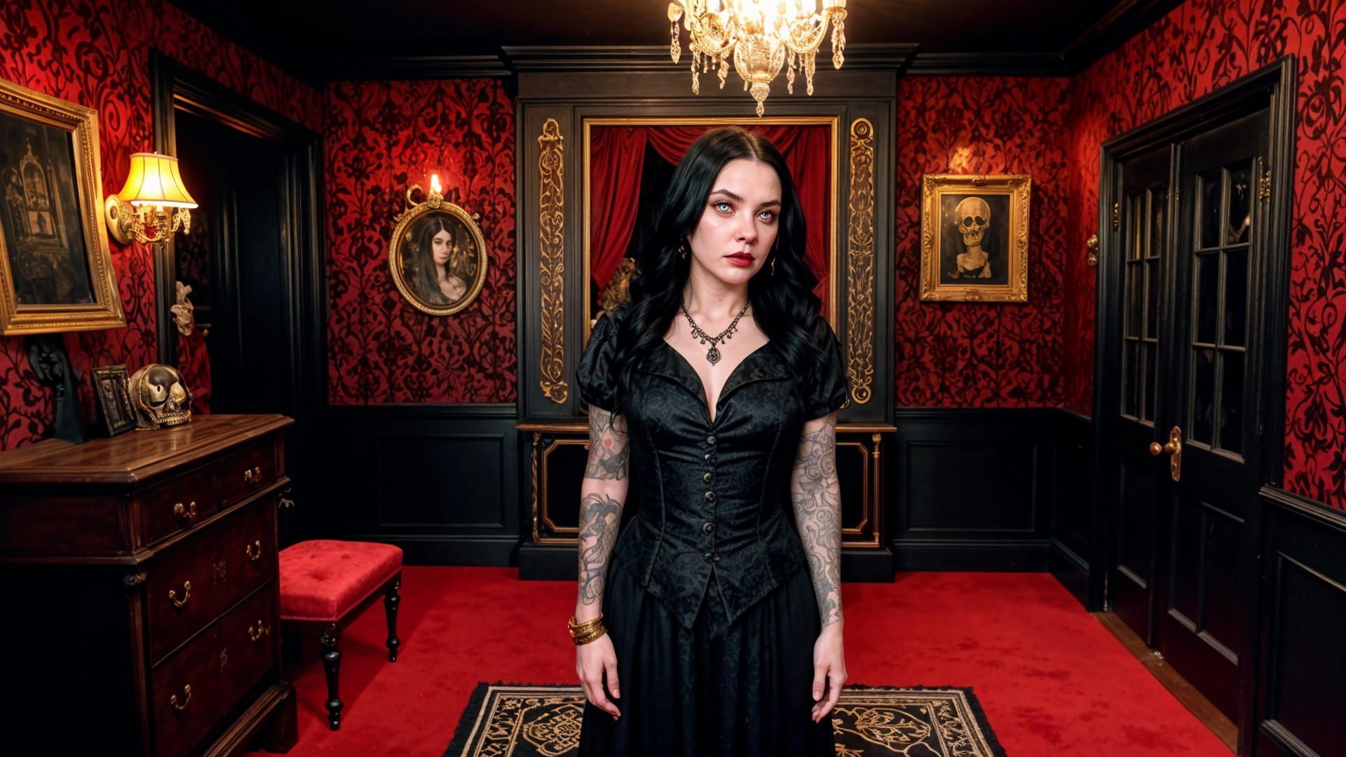 Elegant Woman in Vintage Room with Dark Red Wallpaper