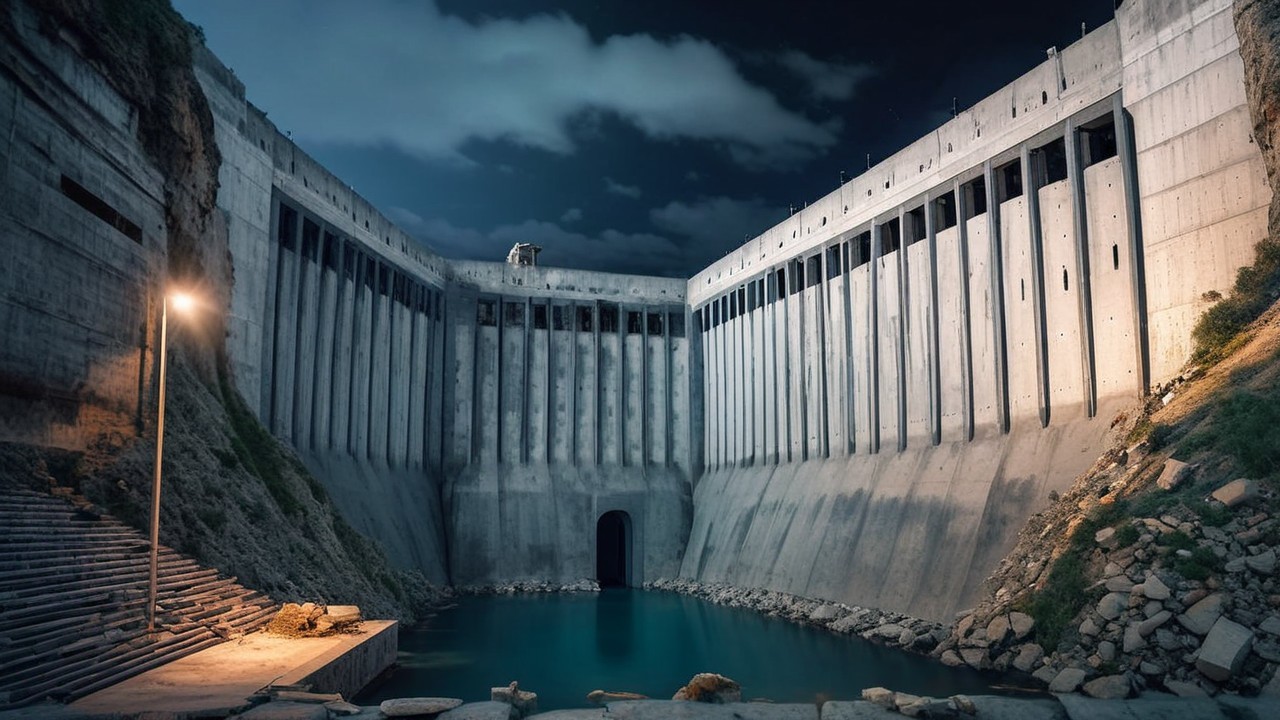 Massive Unfinished Concrete Dam Illuminated at Night