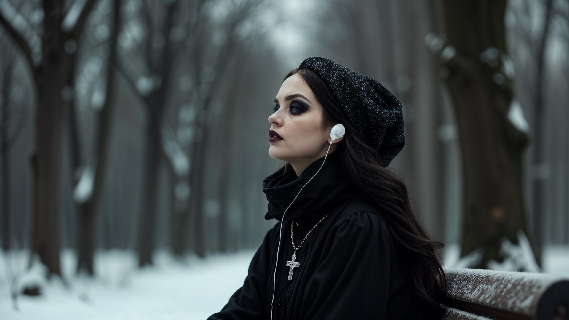 Young Woman in Misty Forest with Snowy Bench