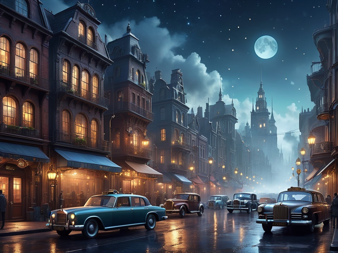 Nostalgic Night Scene of a Dimly Lit Cobblestone Street