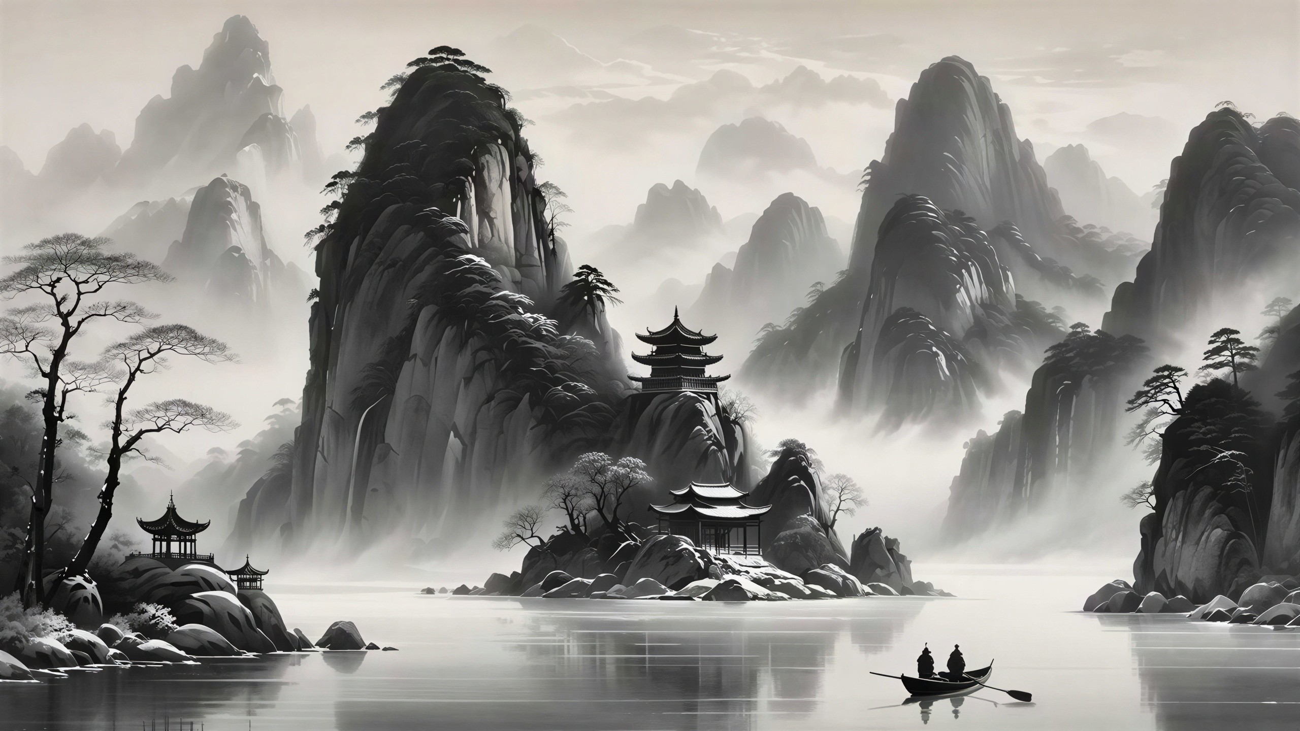 Traditional Chinese Ink Wash Landscape with Mountains