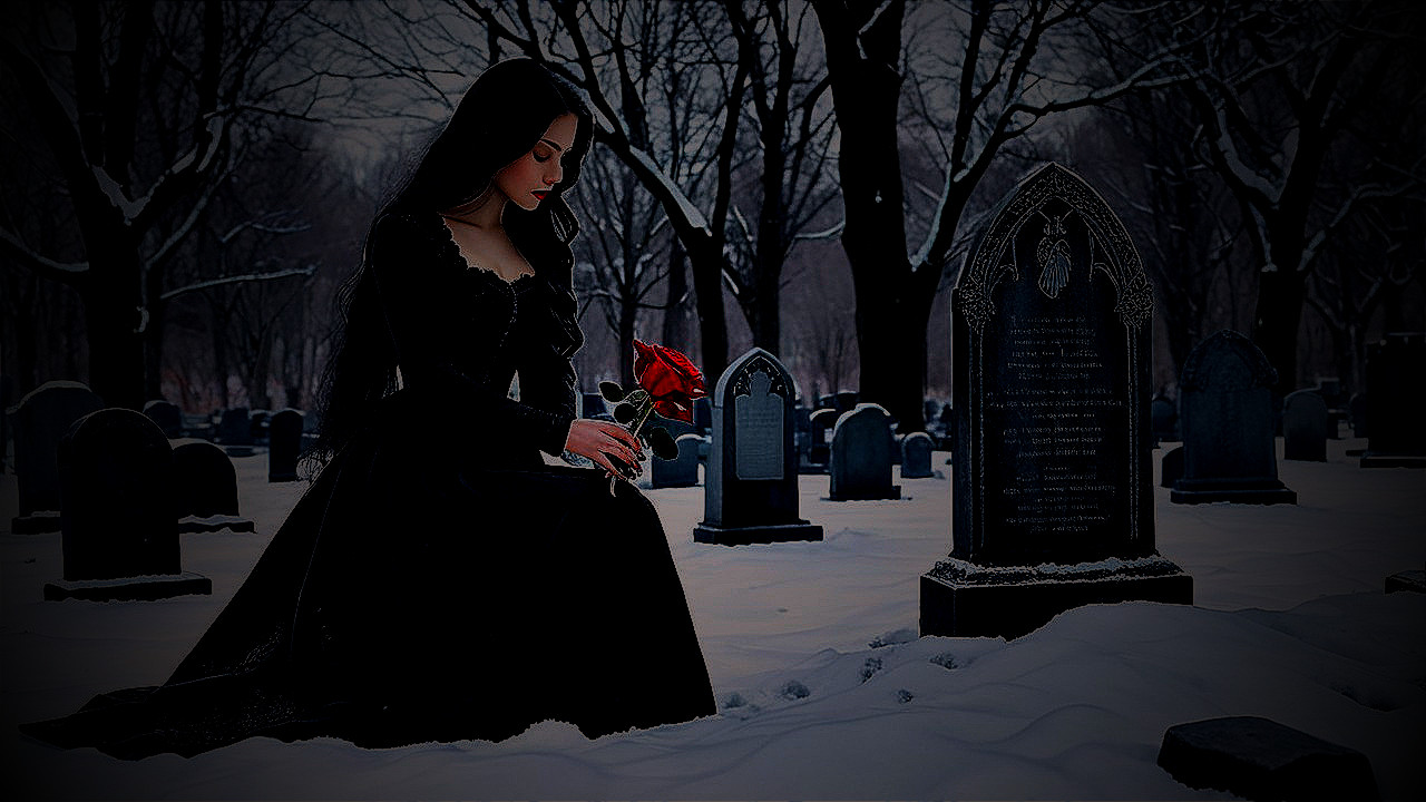 Snowy Cemetery Scene with Woman and Red Rose