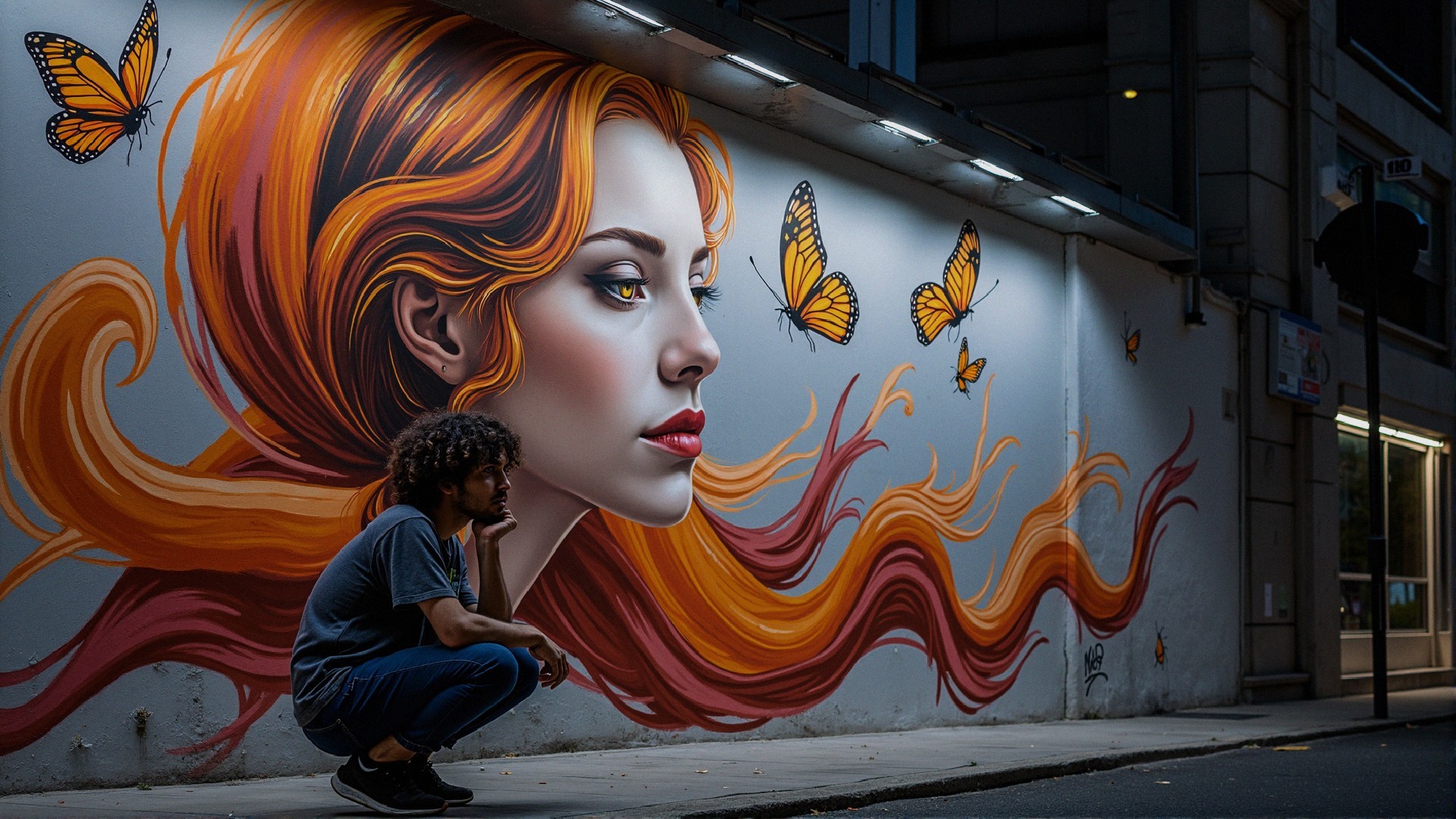 Man Squatting Before Mural of Woman with Butterflies