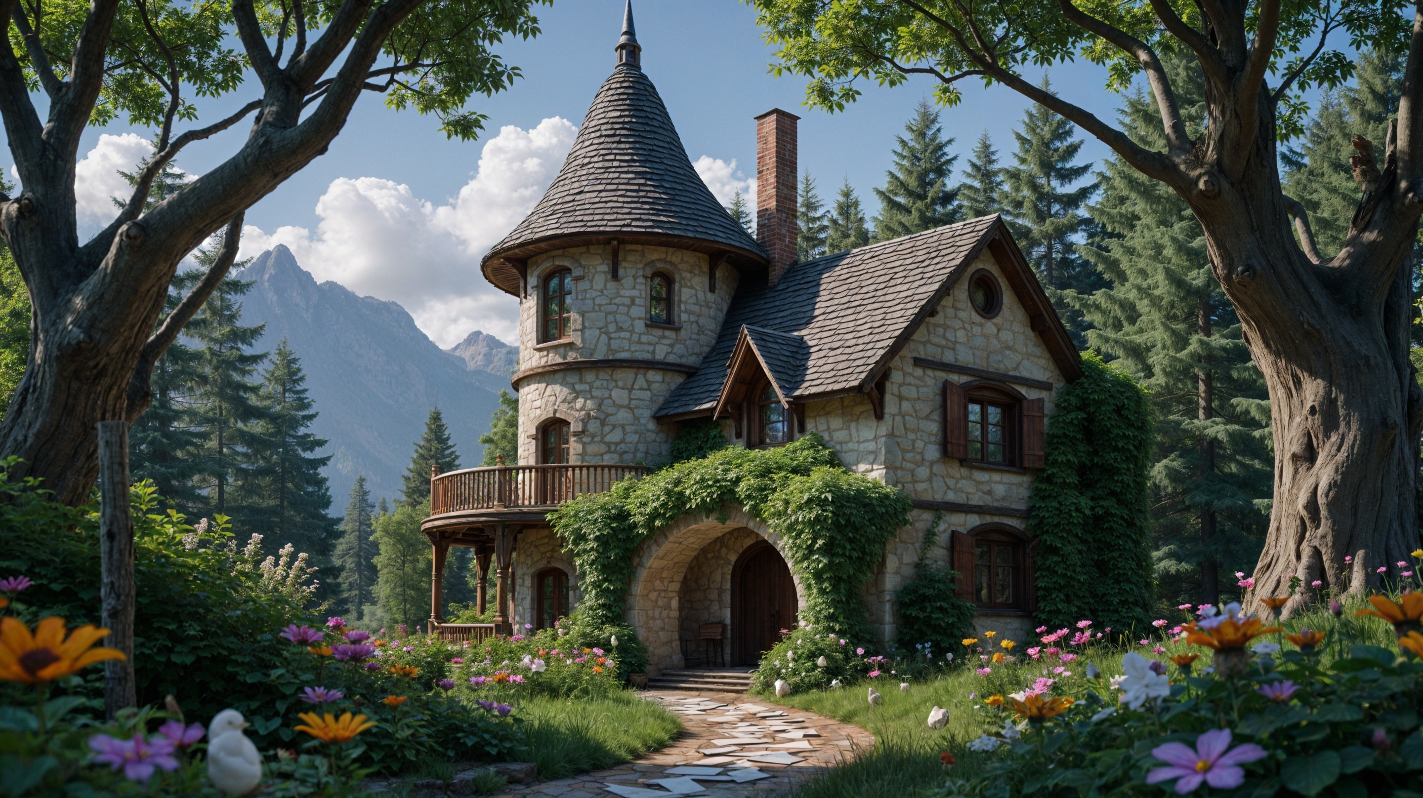 Stone Cottage Surrounded by Lush Landscape and Mountains