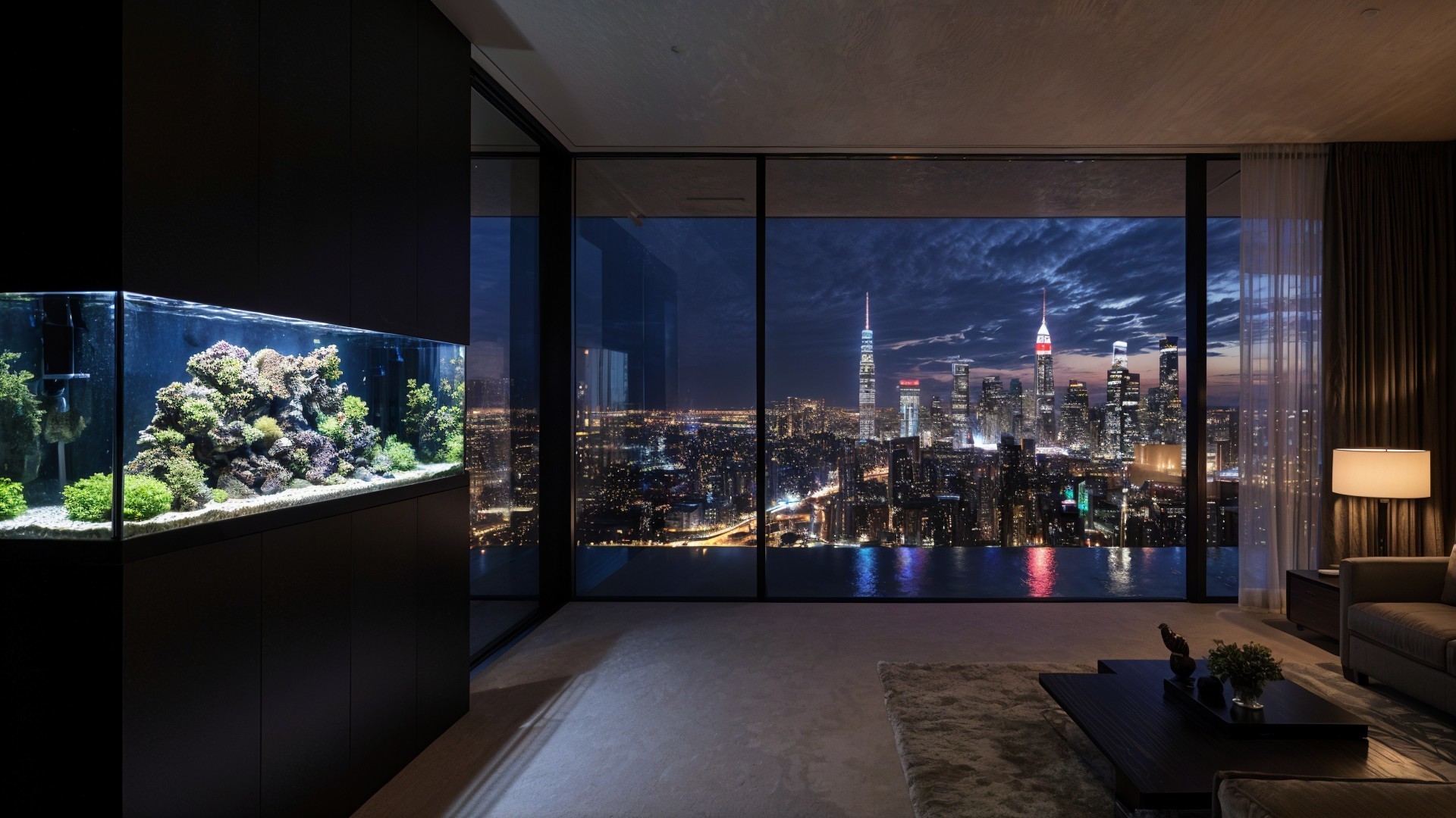 Modern Living Room with City Skyline and Aquarium