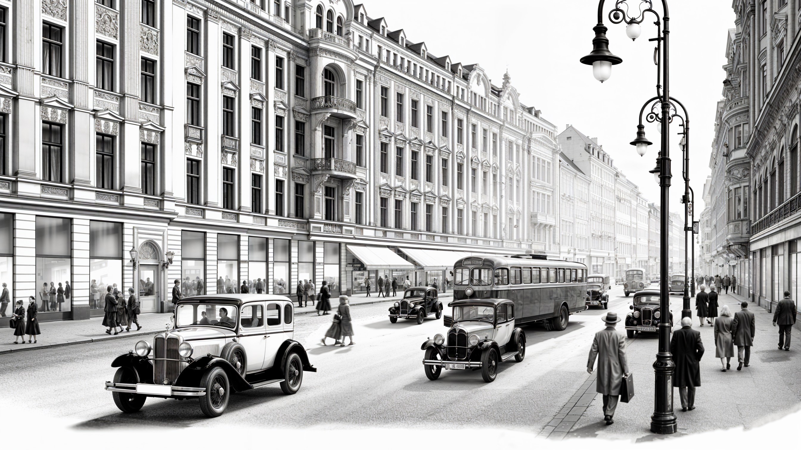 Vintage Black and White Street Scene with Classic Cars