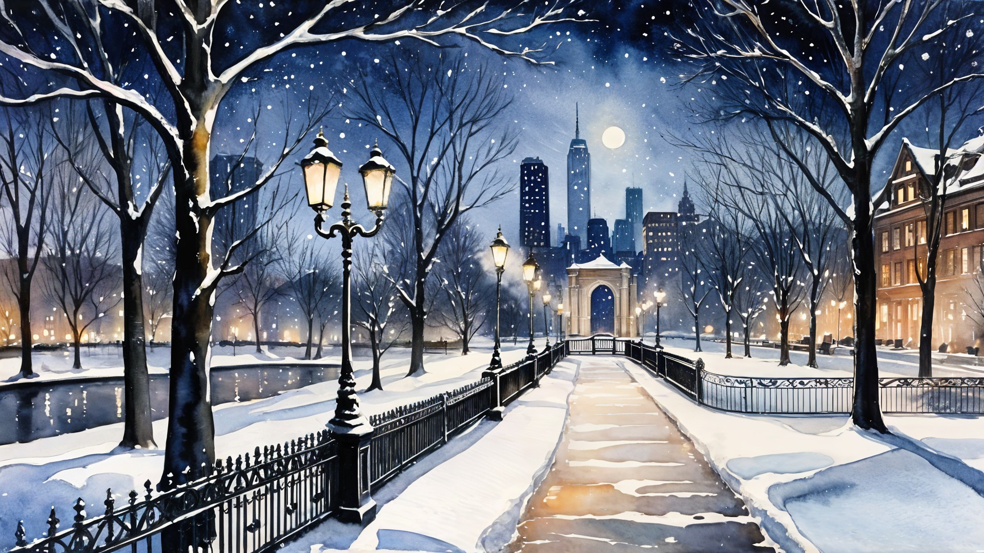 Snowy Park Pathway with Illuminated Lampposts at Night