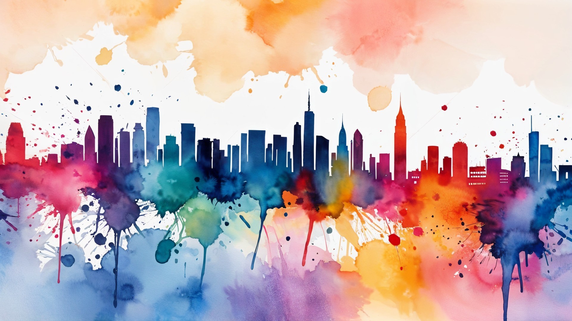 Vibrant Watercolor City Skyline with Pastel Hues