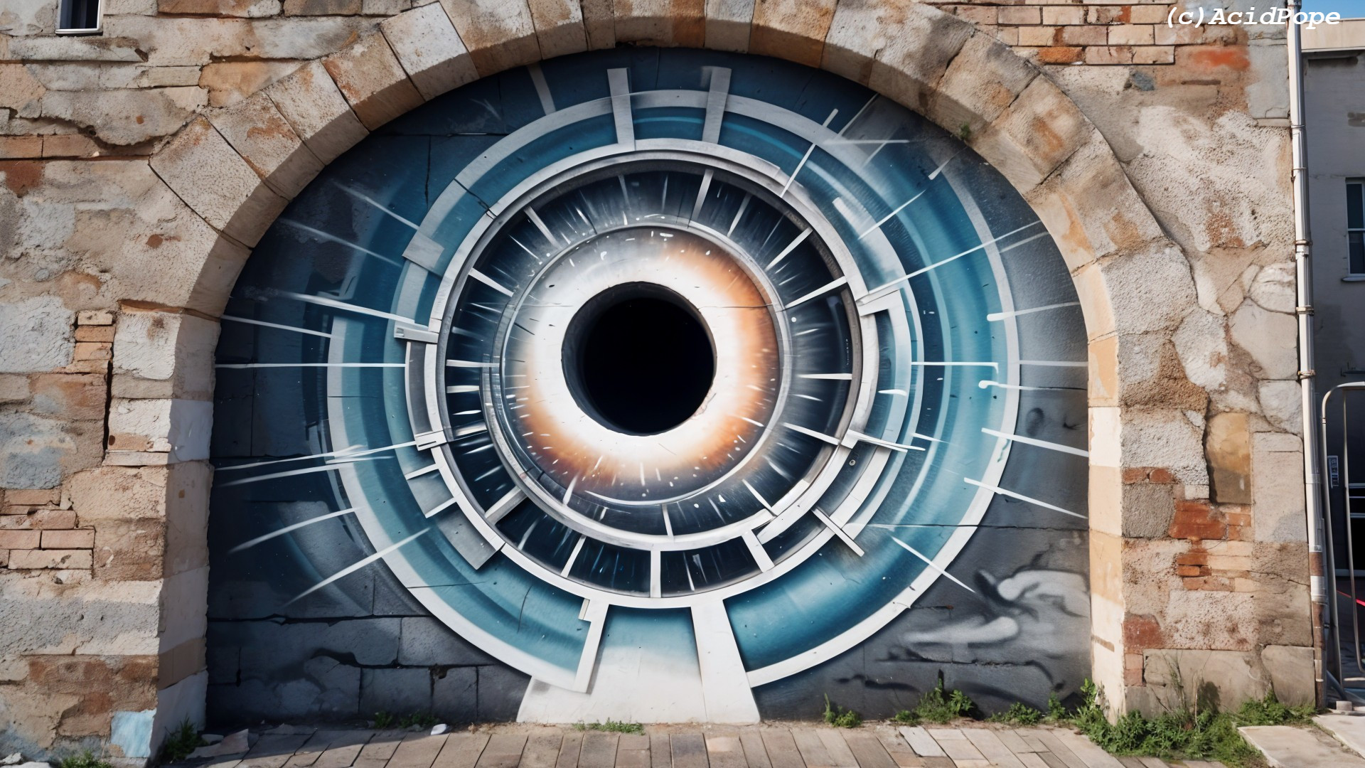 Mural of a Stylized Eye in Arched Stone Framework