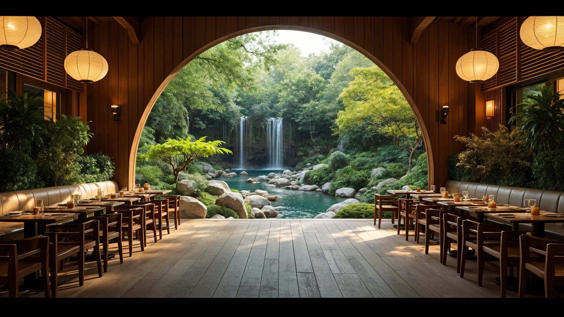 Serene Dining Space with Wooden Interiors and Greenery