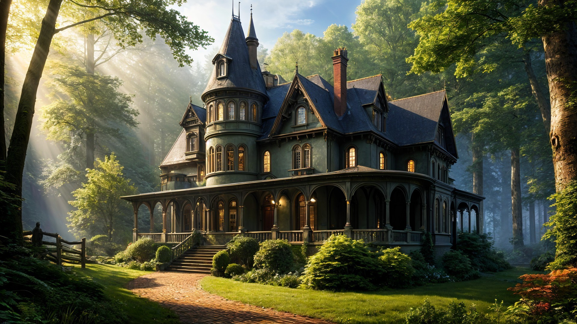 Victorian Mansion Surrounded by Lush Forest and Greenery