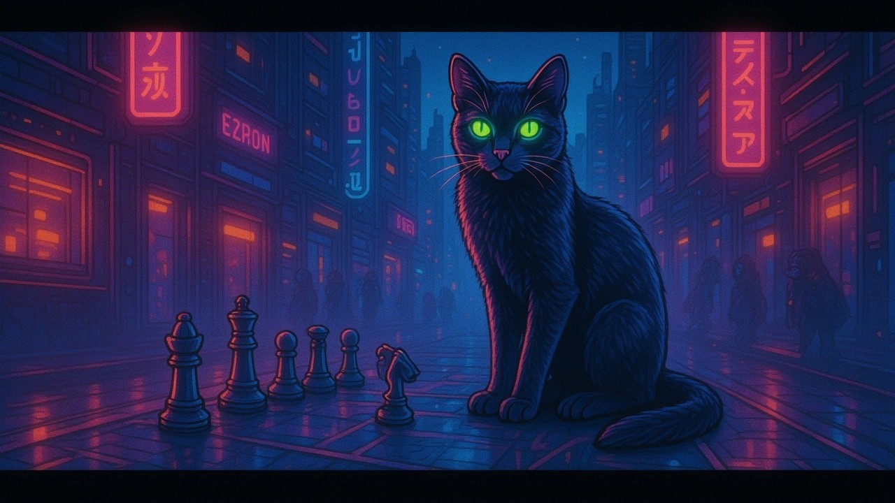 Neon Cyberpunk Cityscape with Black Cat and Chess Set