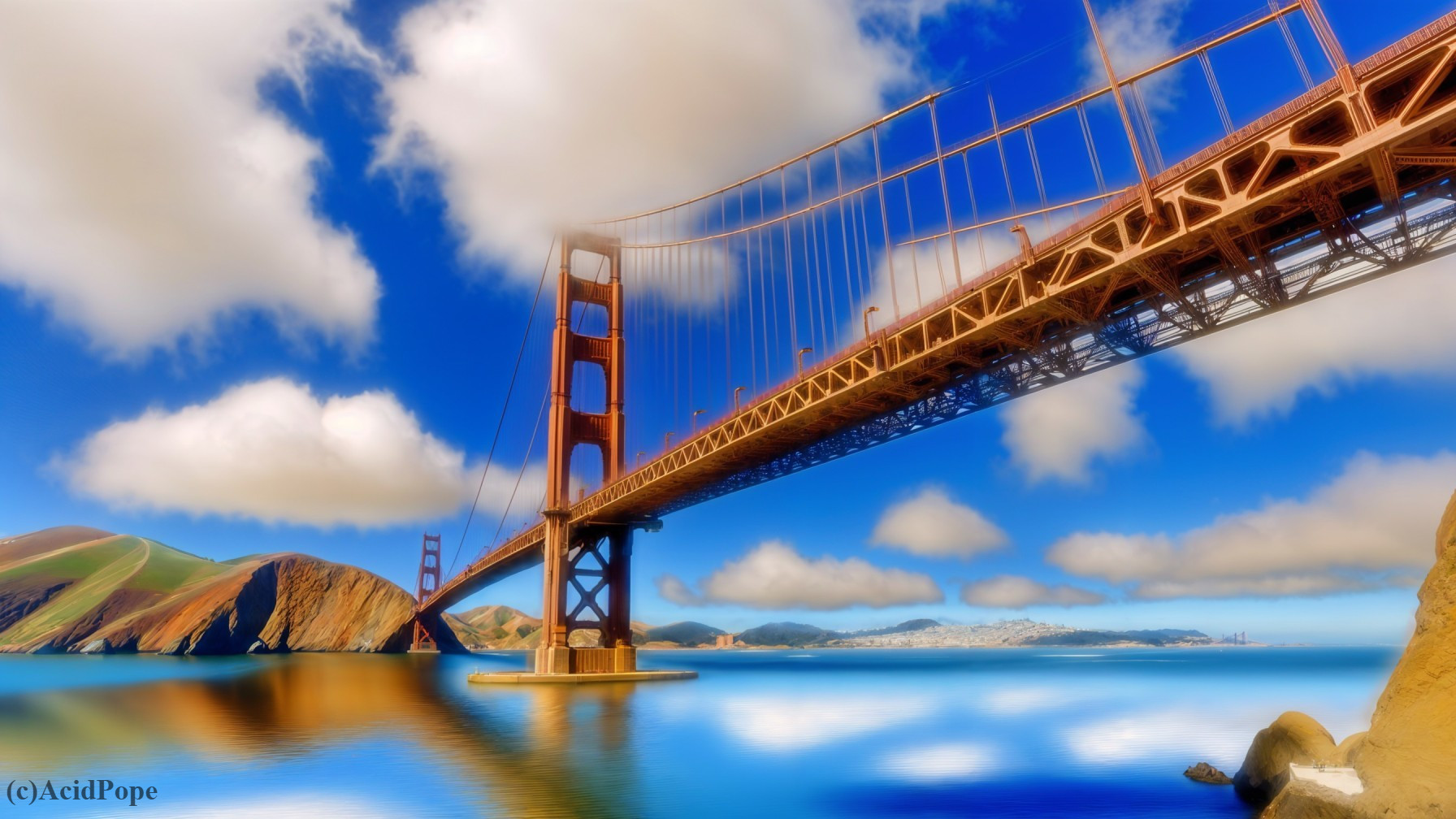 Golden Gate Bridge with Blue Sky and Green Hills