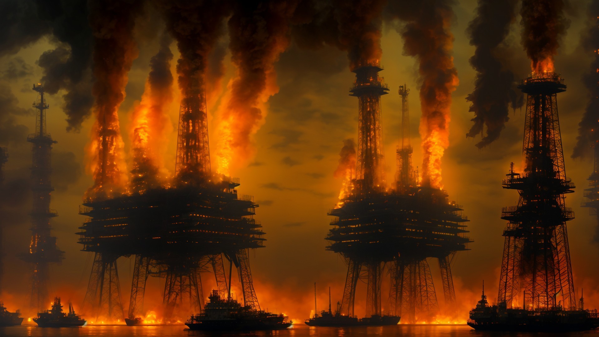 Offshore Oil Rigs on Fire with Thick Black Smoke