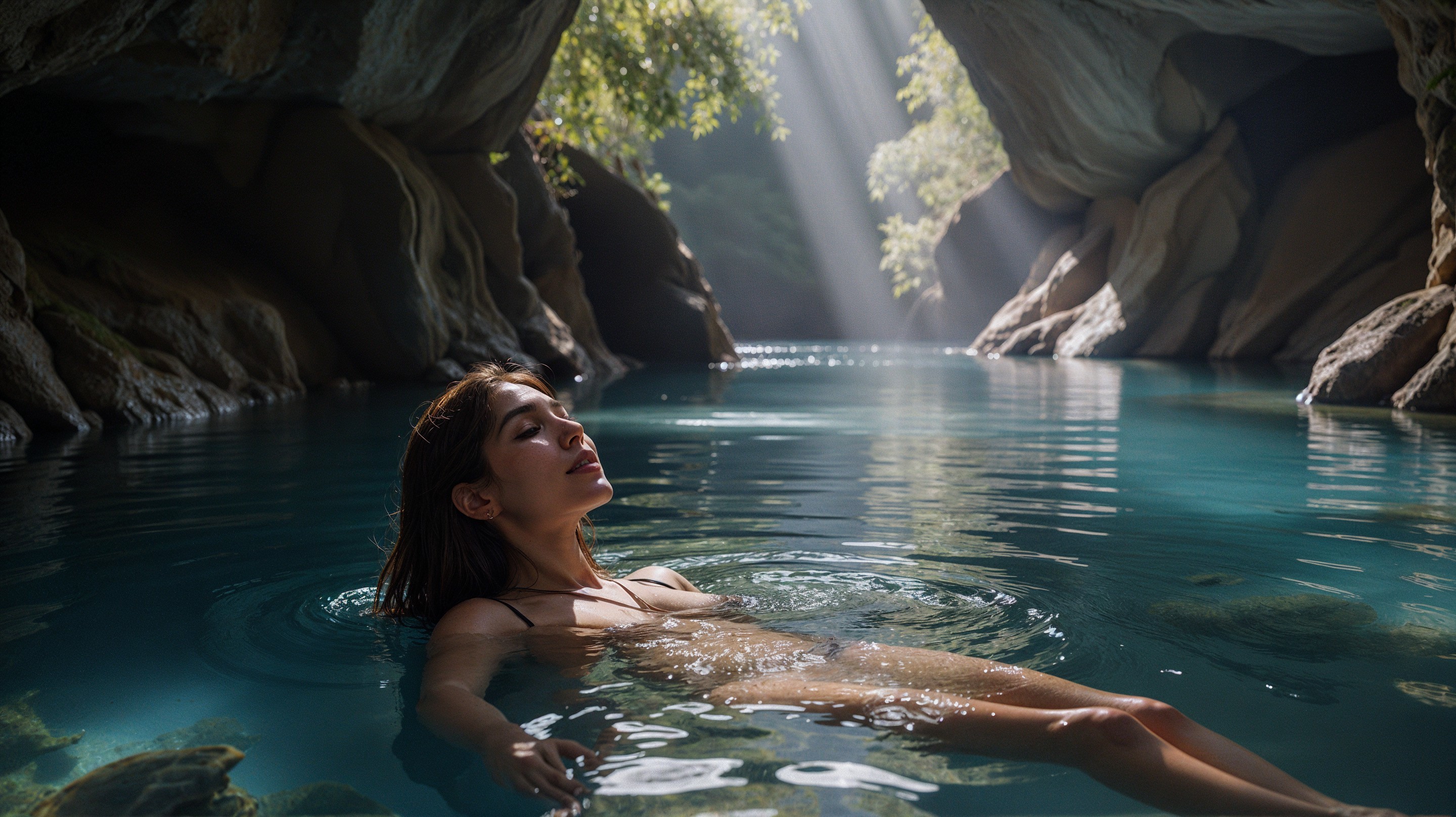 Woman Floating in Serene Sunlit Cave Water