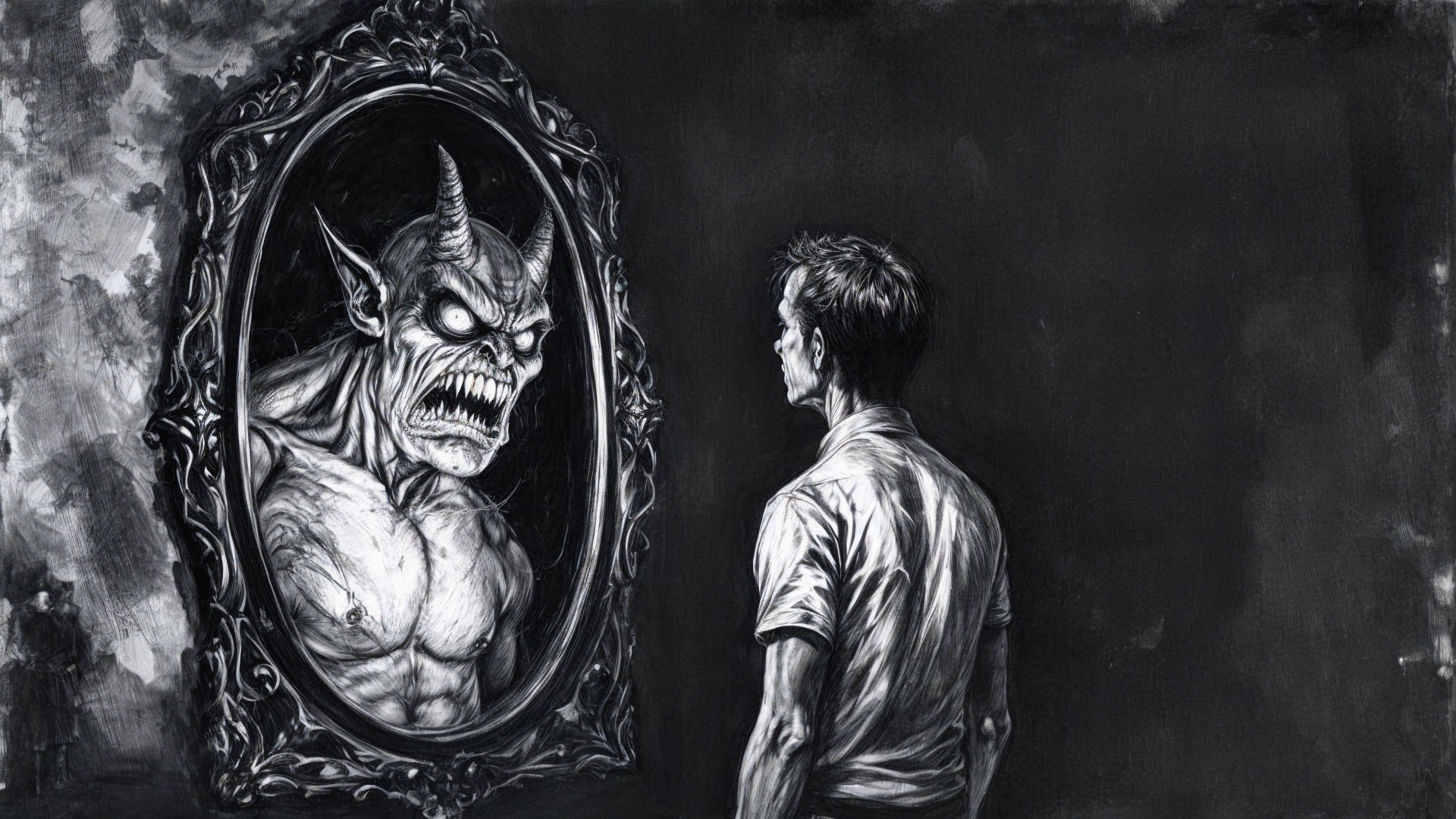 Man and Demon Reflection in Monochromatic Scene