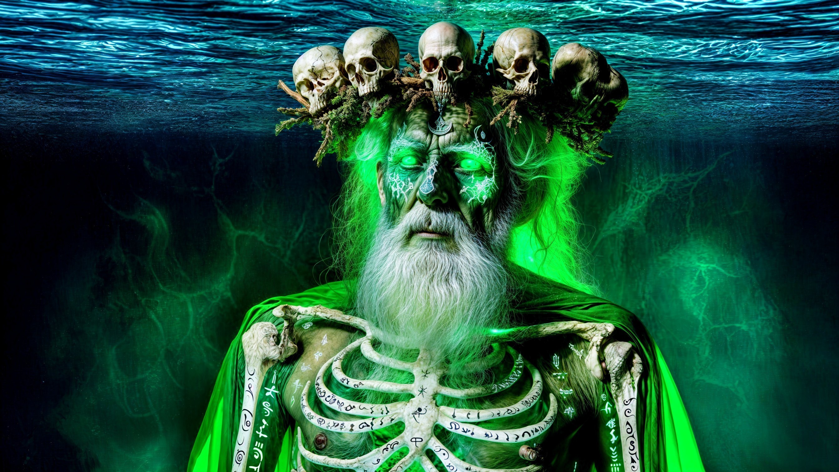 Mystical figure submerged in glowing water with skulls