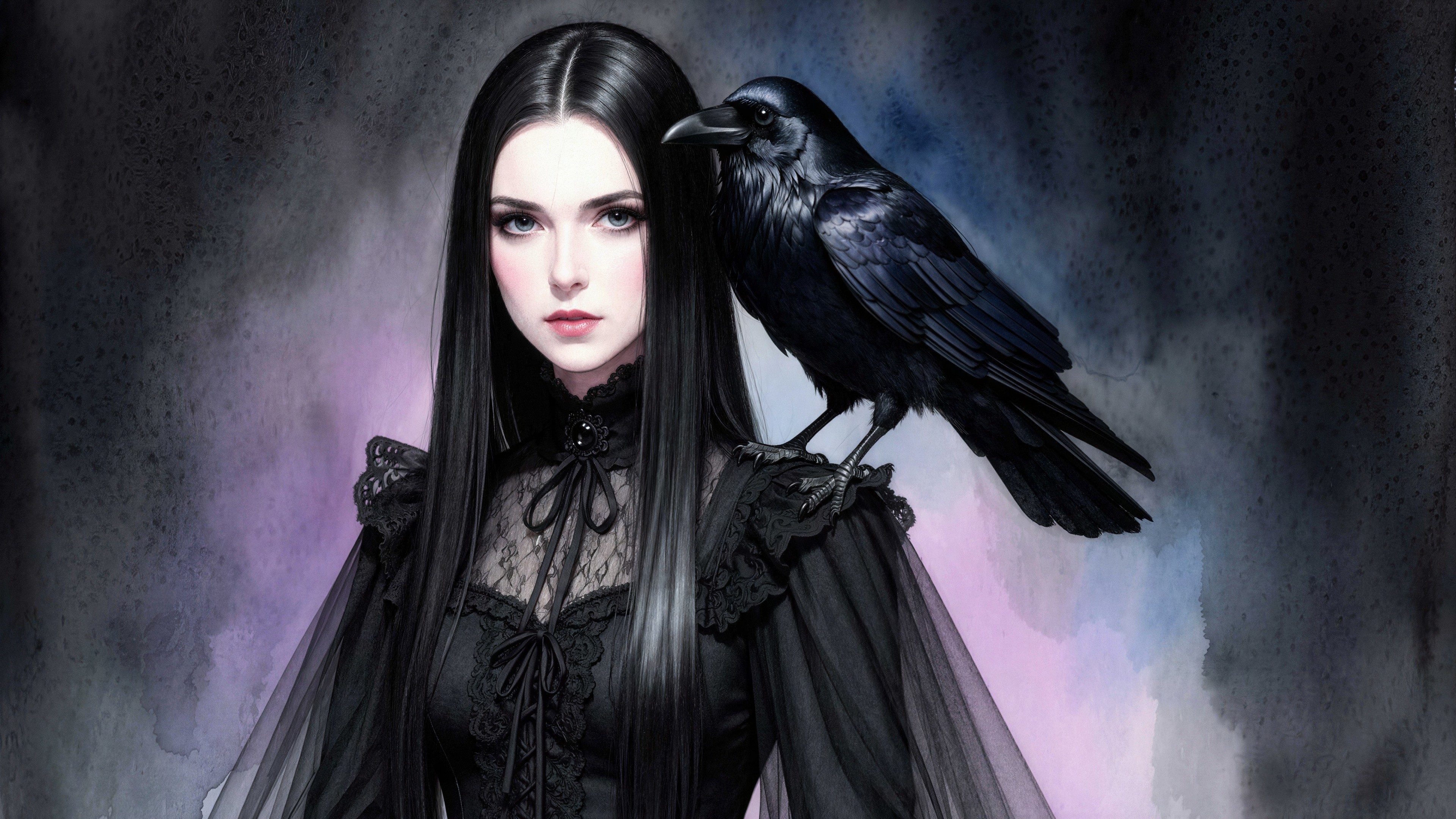 Gothic Woman in Black Lace Dress with Blue Eyes