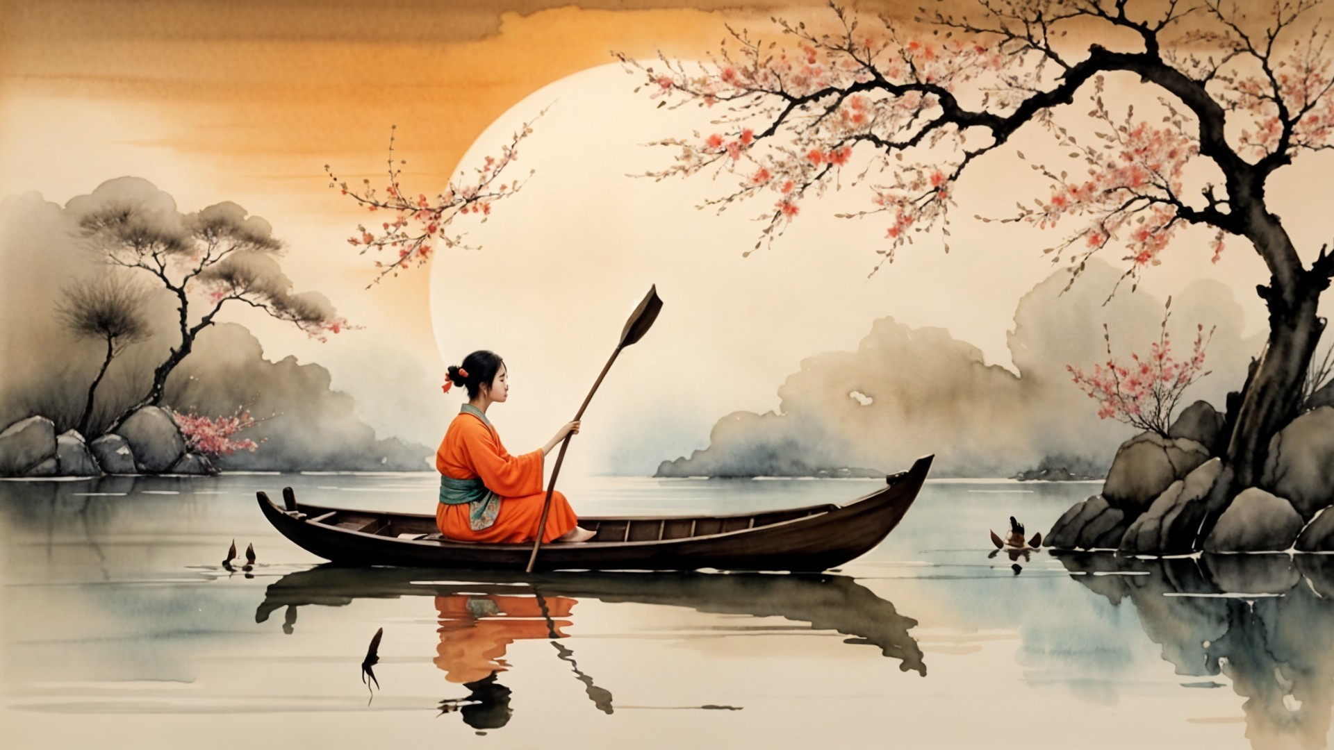Woman in Orange Robe Rowing on Tranquil Lake