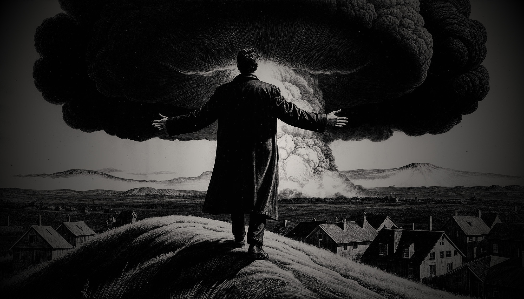 Figure in Long Coat Against Ominous Mushroom Cloud