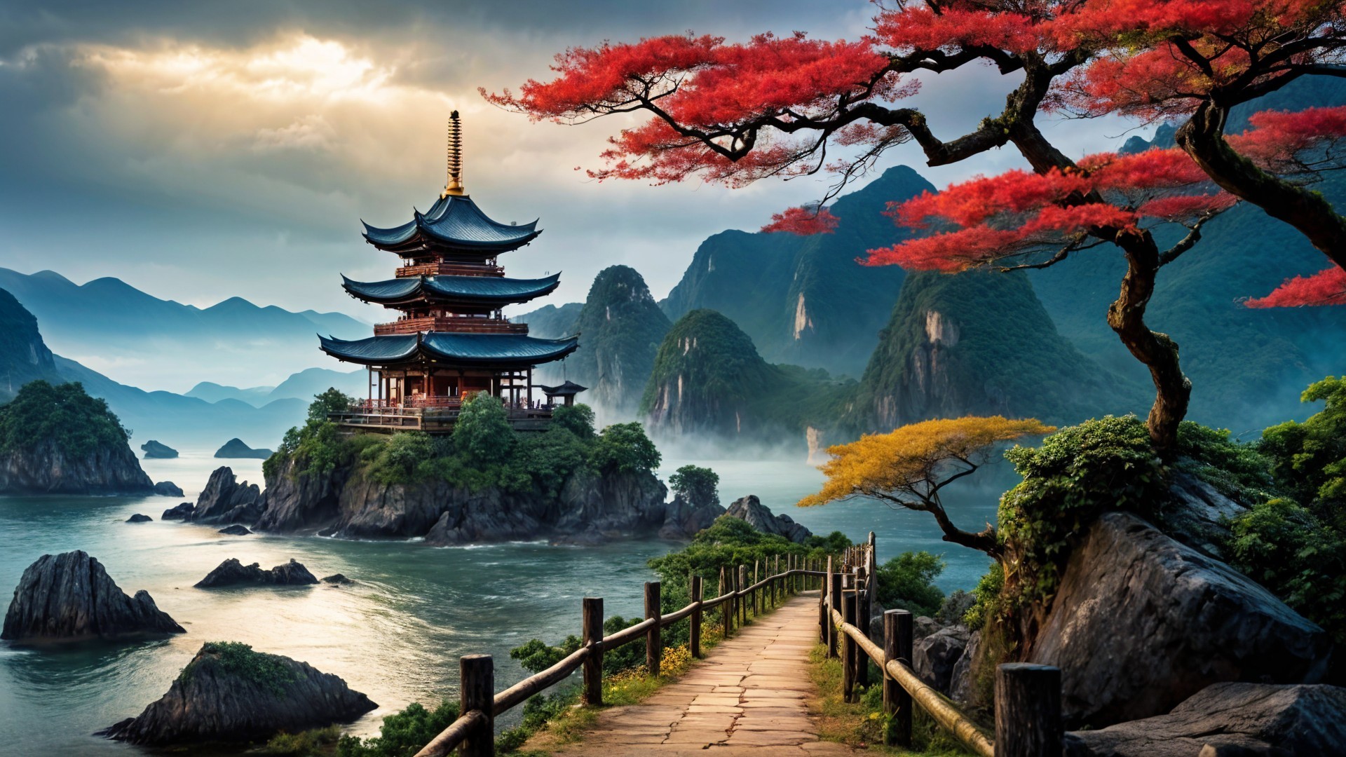 Serene Landscape with Pagoda and Autumn Colors
