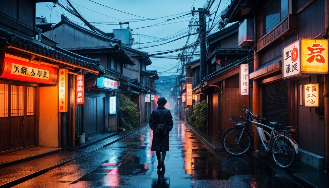 Solitary Figure in Rainy Neon-Lit Alley Scene