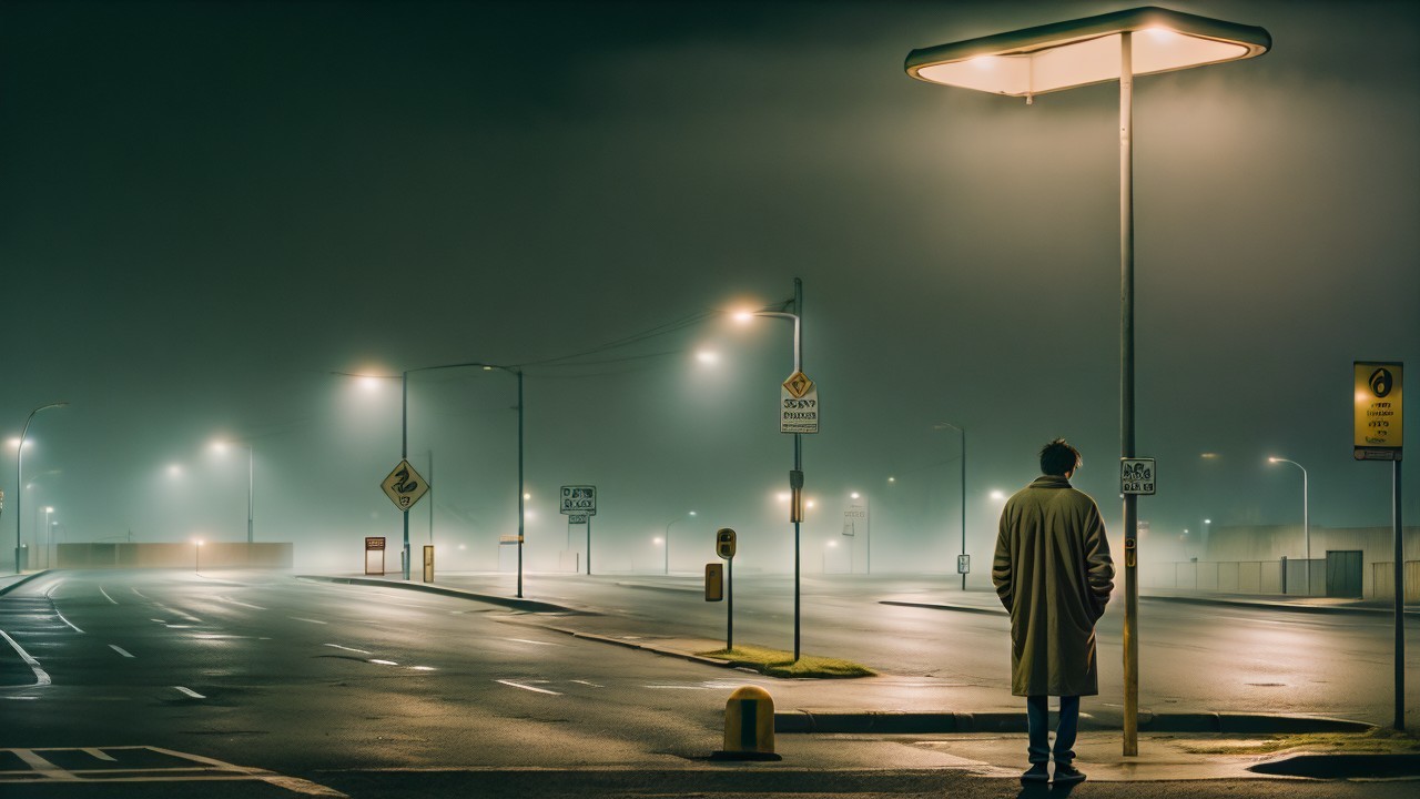 Solitary Figure Under Dim Streetlight on Foggy Road