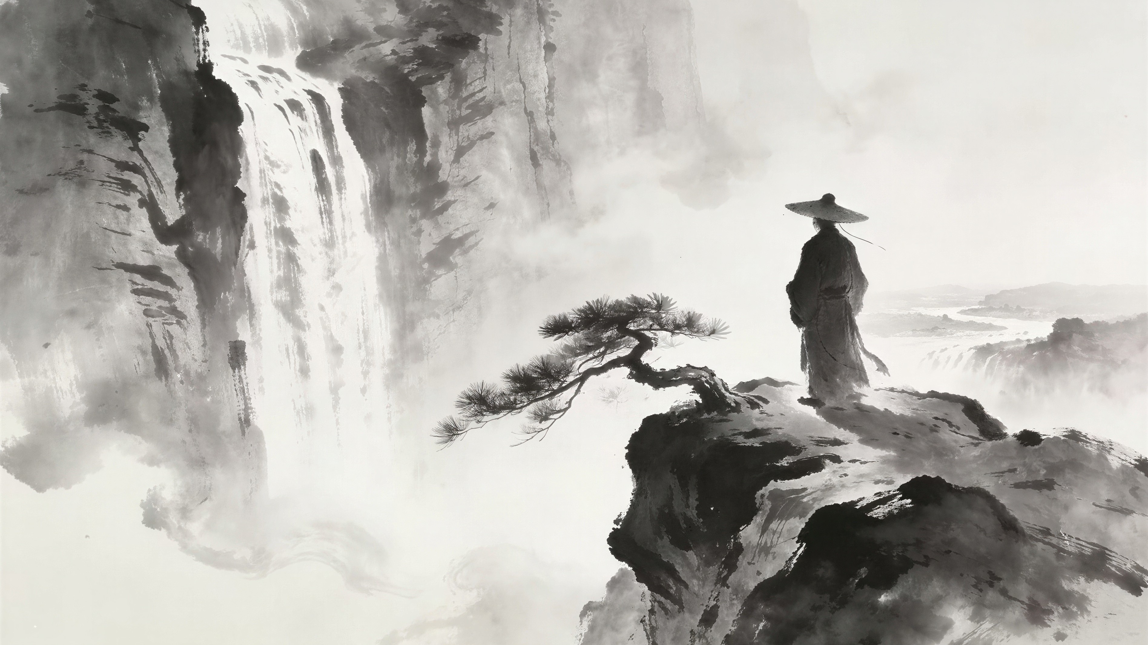 Traditional Chinese Ink Wash Painting of a Figure on a Cliff