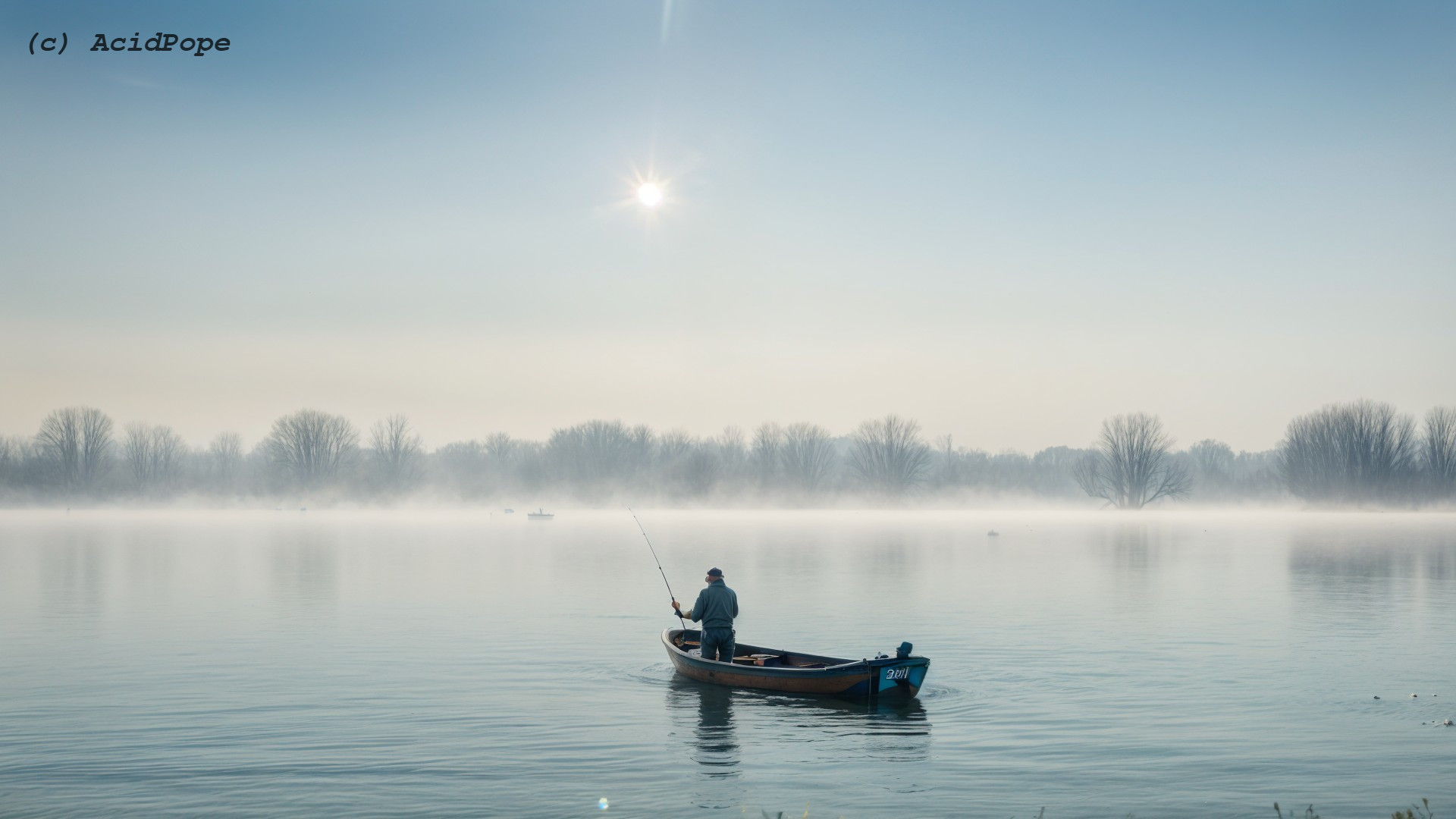 Lone Fisherman on Misty River at Sunrise