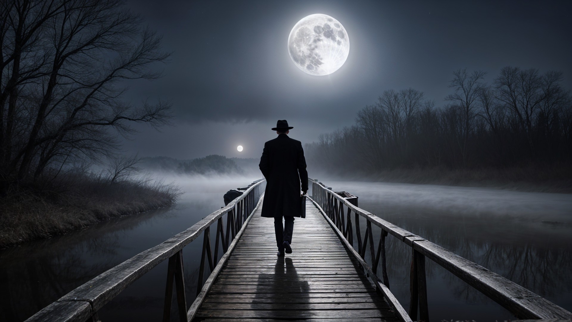 Mysterious Figure on Foggy Bridge Under Full Moon