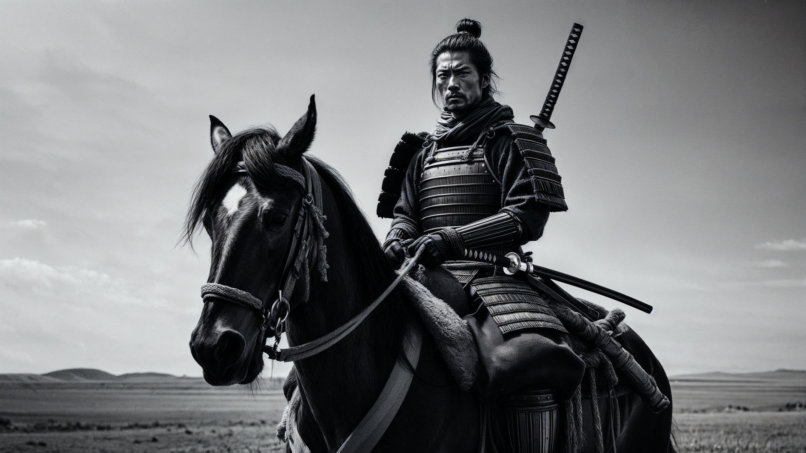 Samurai Warrior on Dark Horse in Monochromatic Landscape