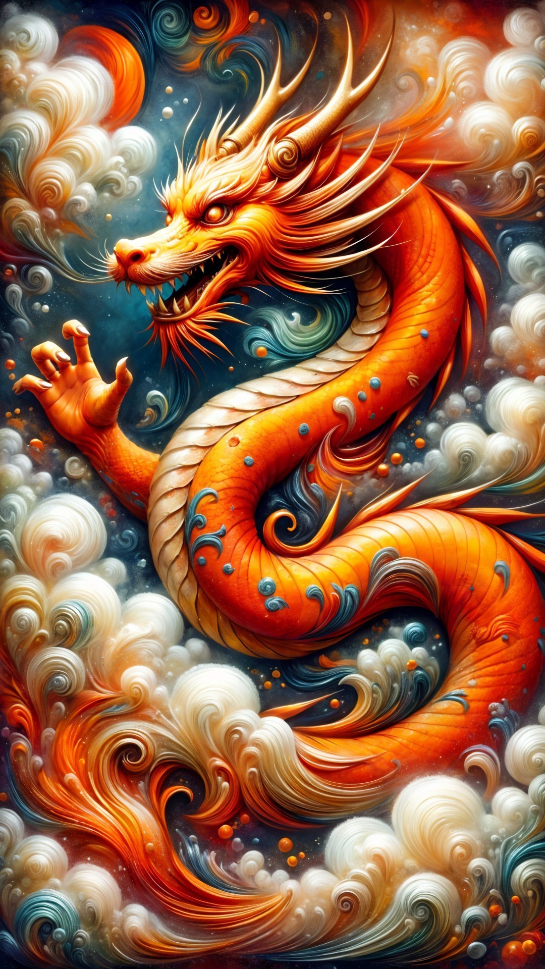 Mythical Dragon with Orange Scales in Cloudy Sky