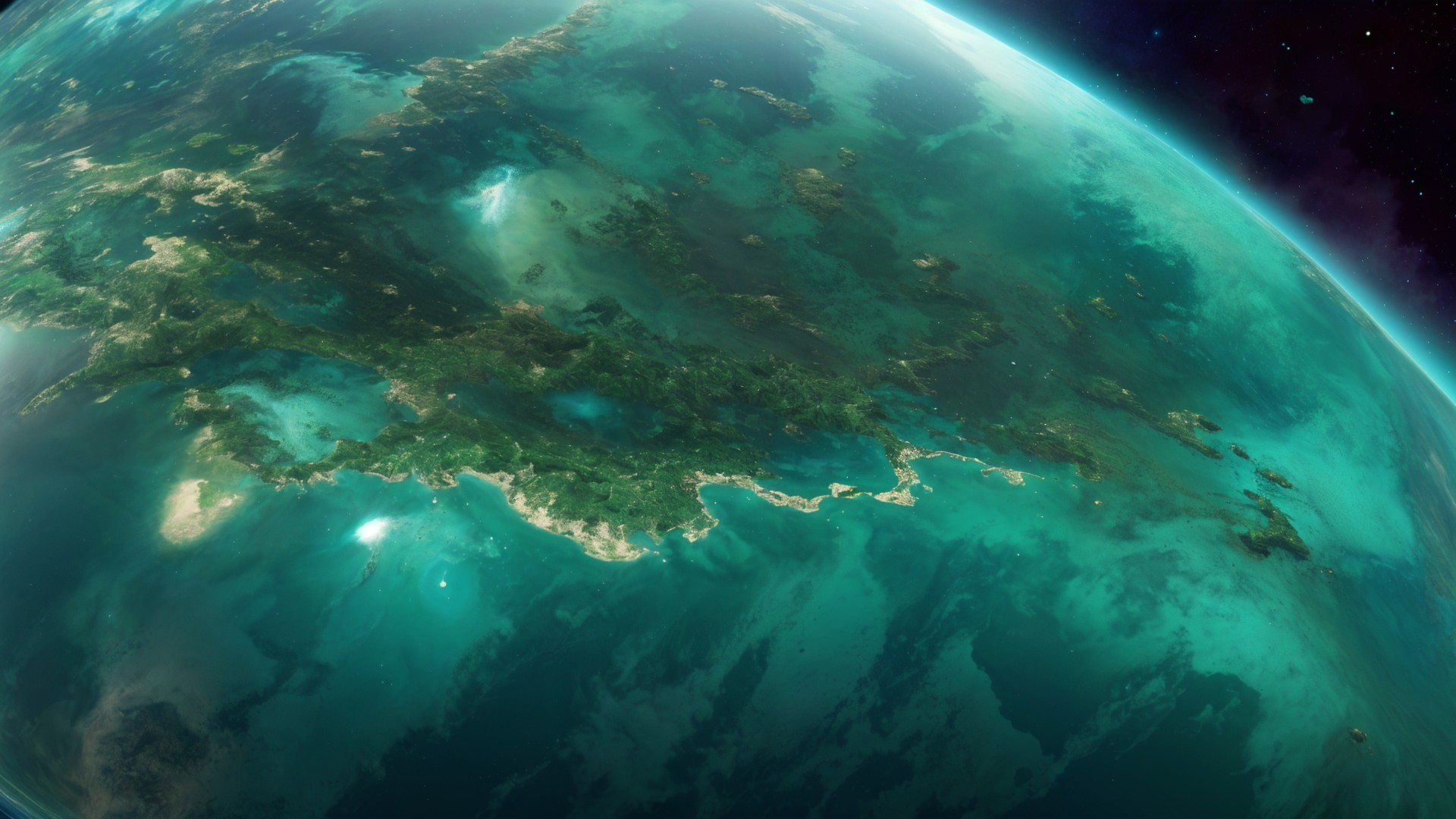 Vibrant Alien Planet with Lush Landscapes and Waters