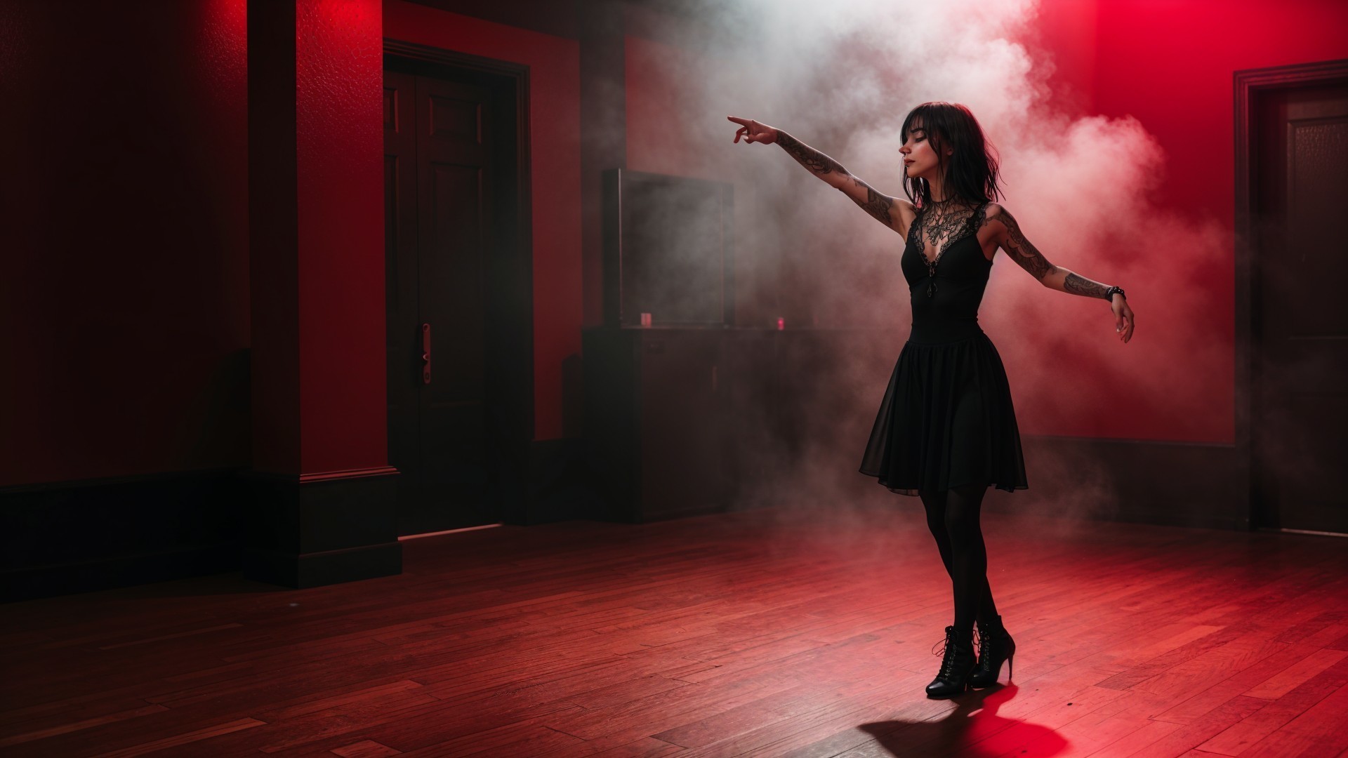 Confident Woman in Black Dress in Dimly Lit Room