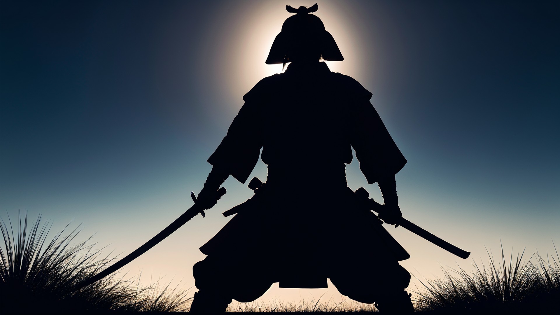 Silhouette of a Samurai Against a Glowing Sun