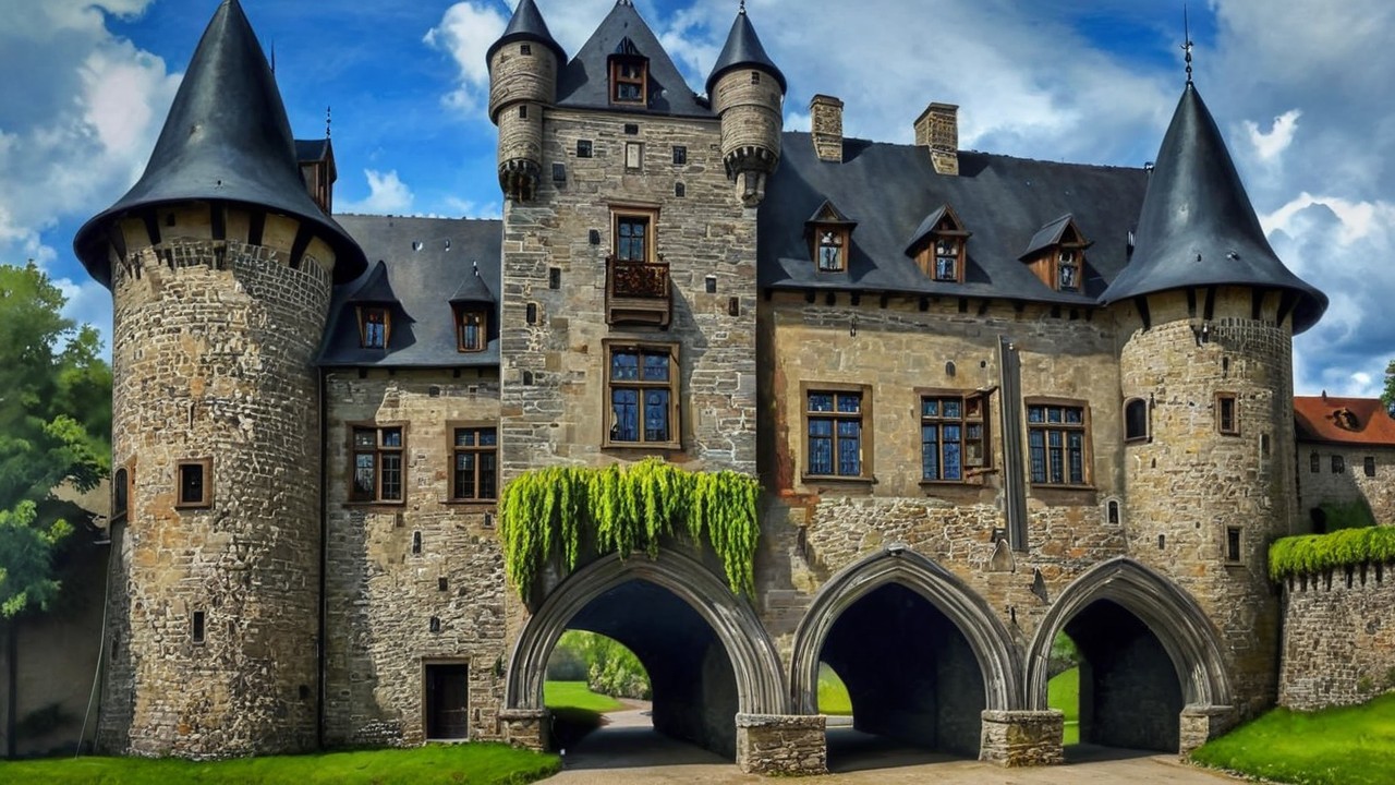 Medieval Castle with Towers and Lush Surroundings