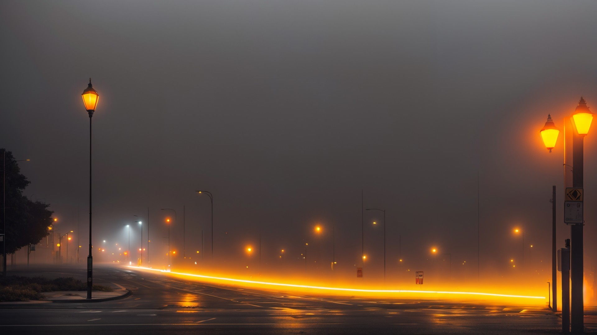 Foggy Street with Vintage Lamp Posts and Soft Glow