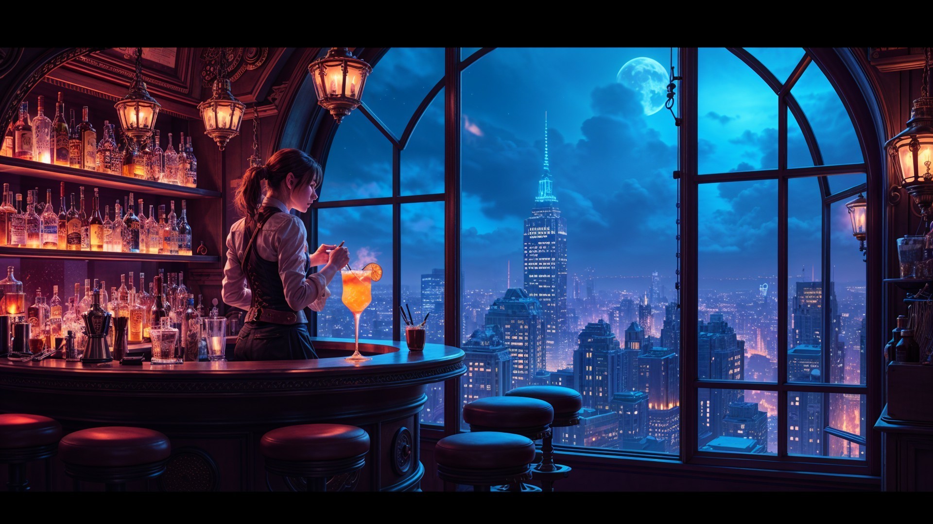 Colorful Cocktail in Stylish Bar with City Skyline View