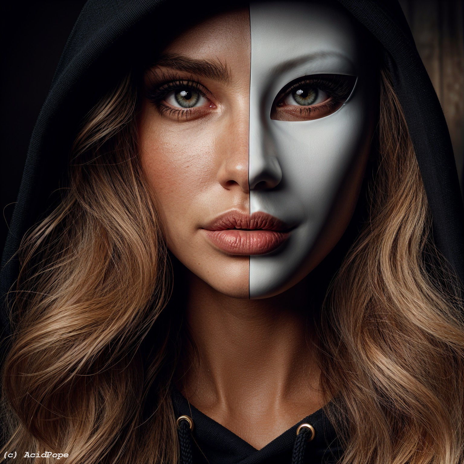 Portrait of a woman with a white mask and hoodie
