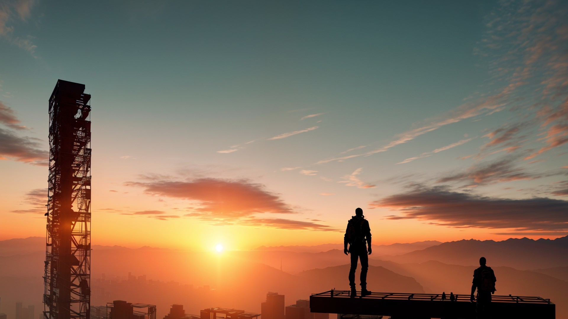 Rooftop View of City at Sunset with Silhouetted Figures