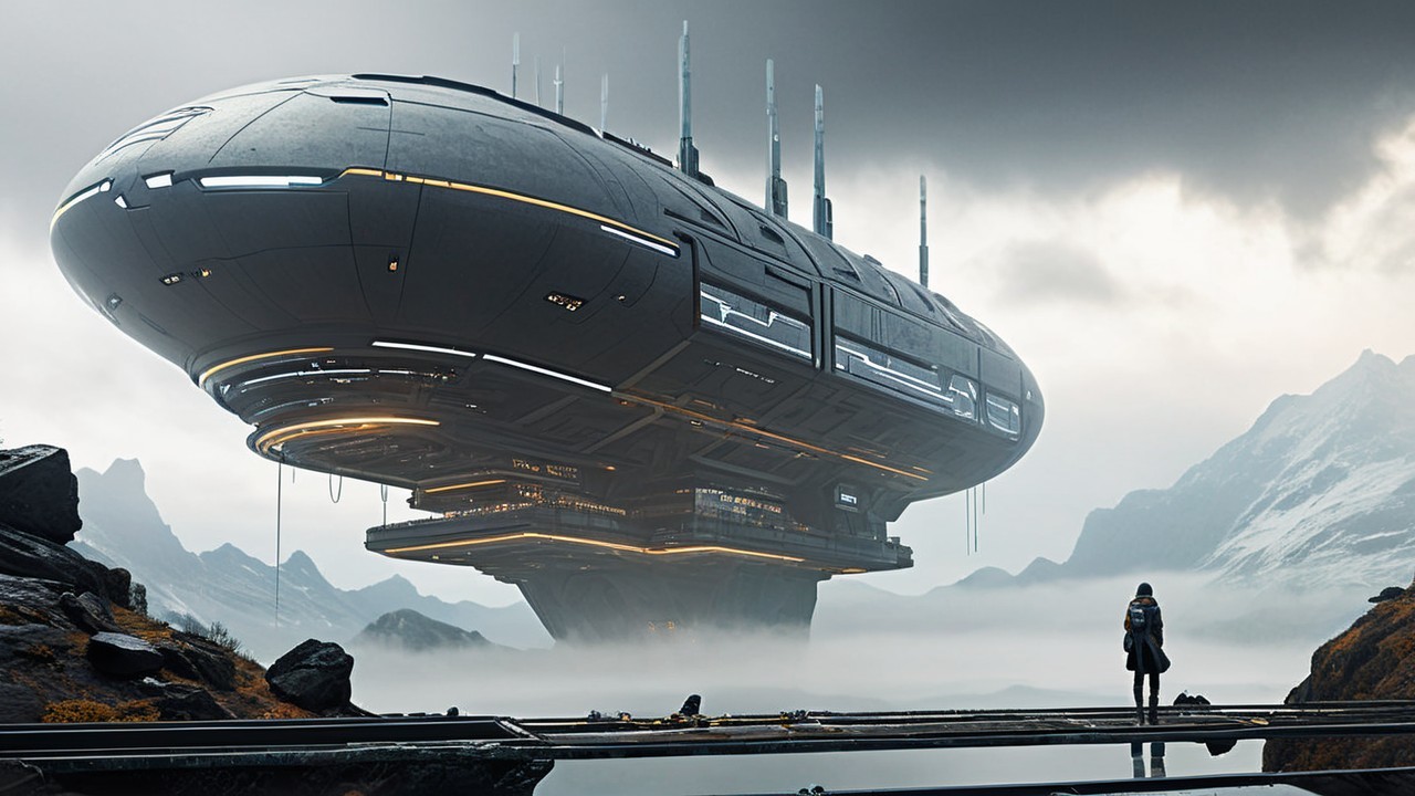 Futuristic spaceship above misty landscape with mountains