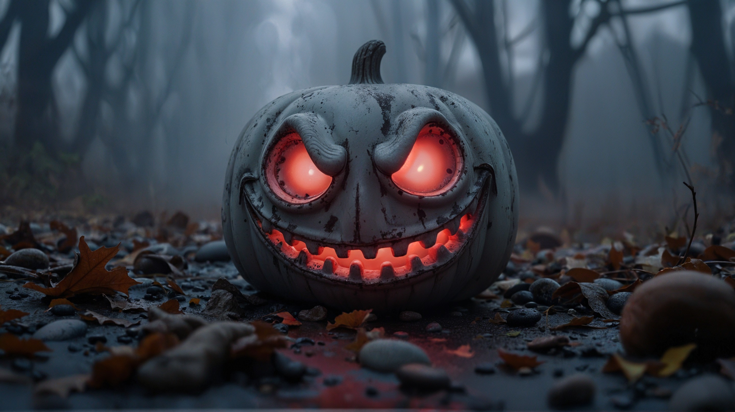 Eerie Forest Scene with Glowing Sinister Pumpkin