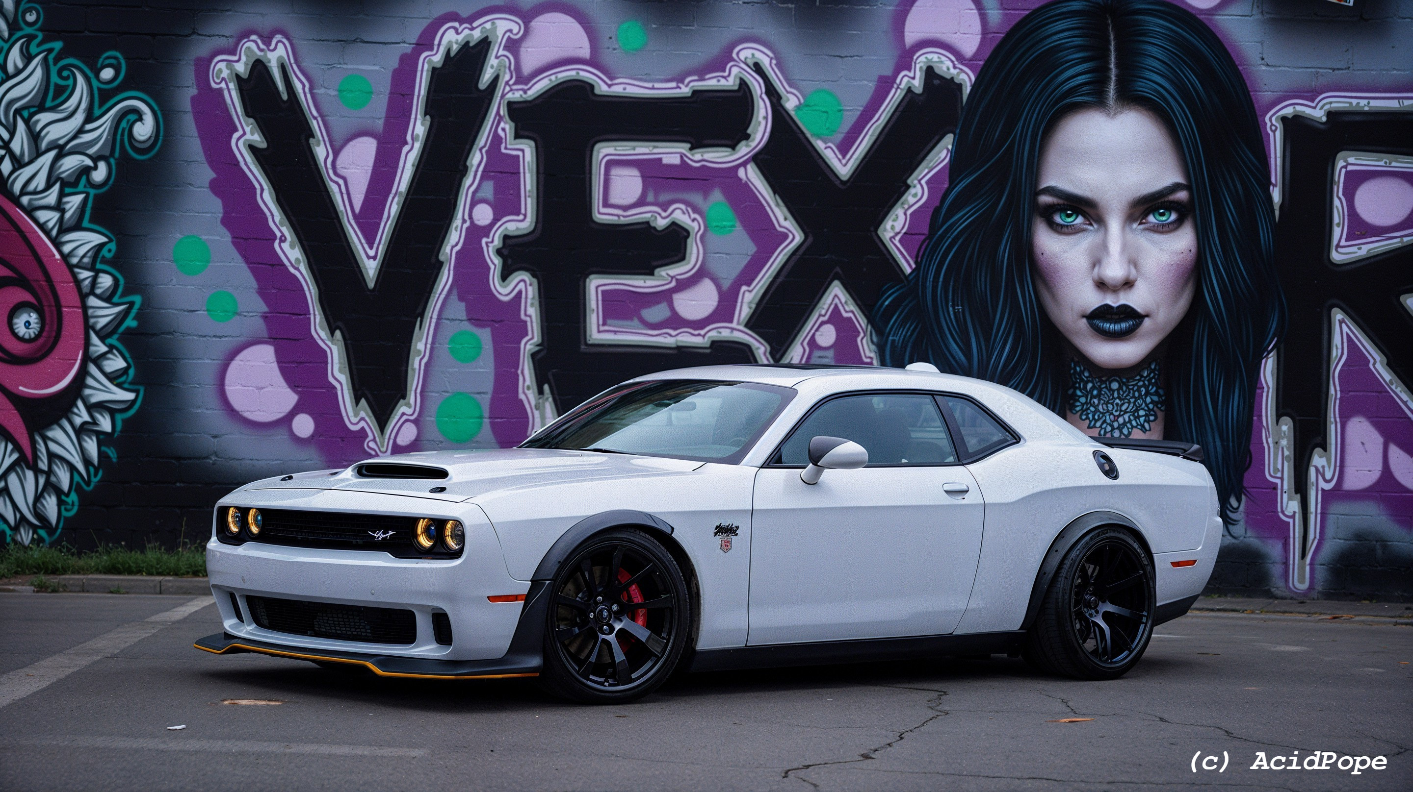 White Dodge Challenger Parked by Bold Mural Portrait
