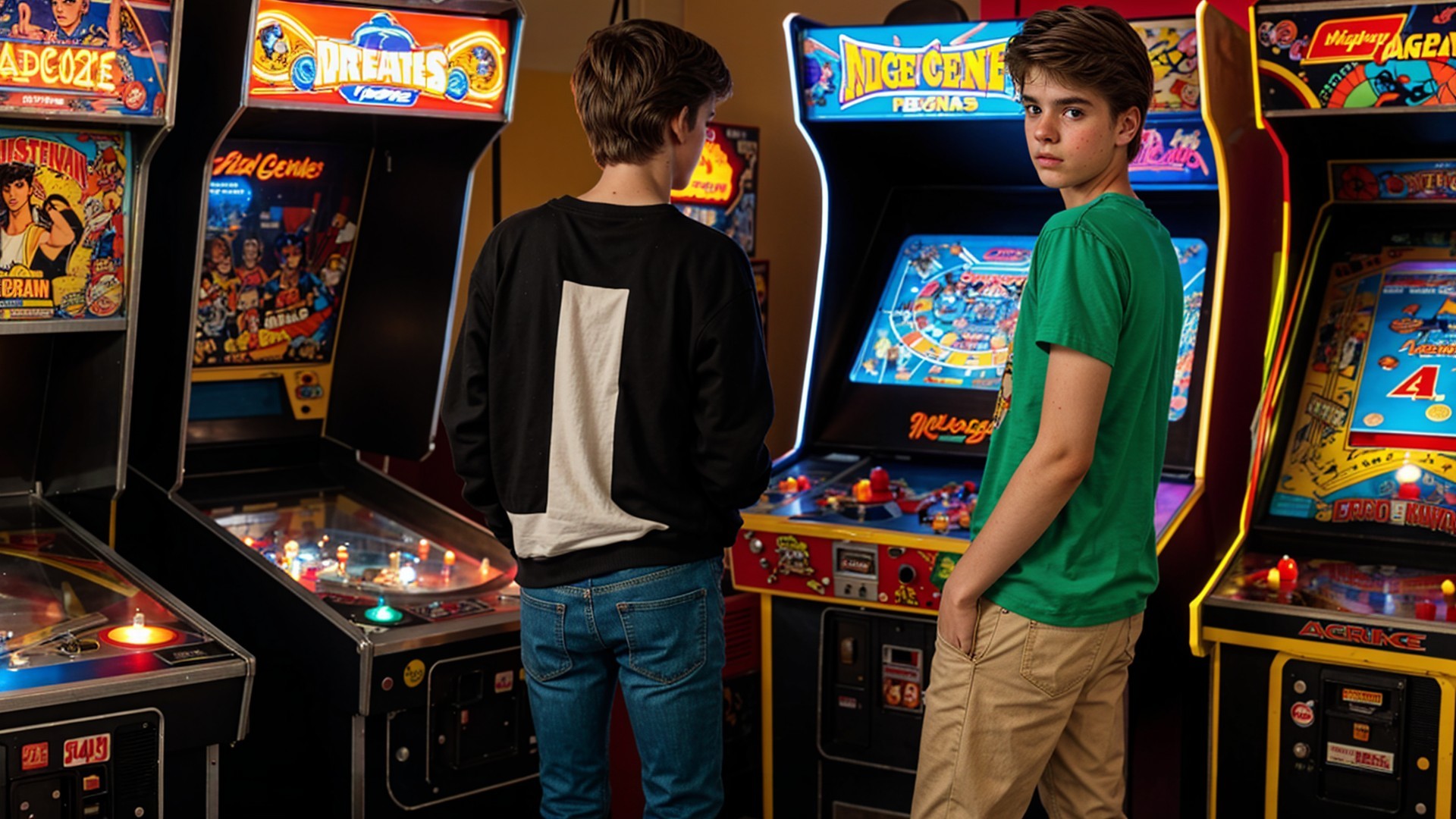 Boys in Vintage Arcade with Colorful Game Cabinets