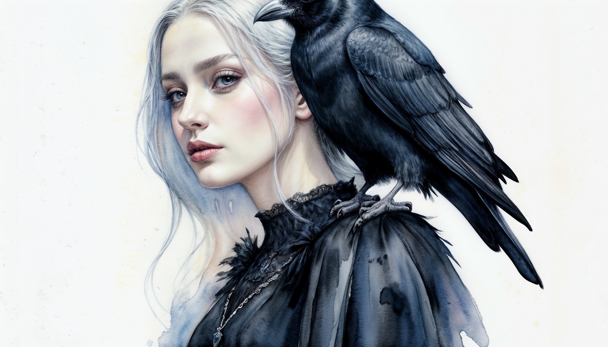 Young woman with white hair and raven in elegant attire