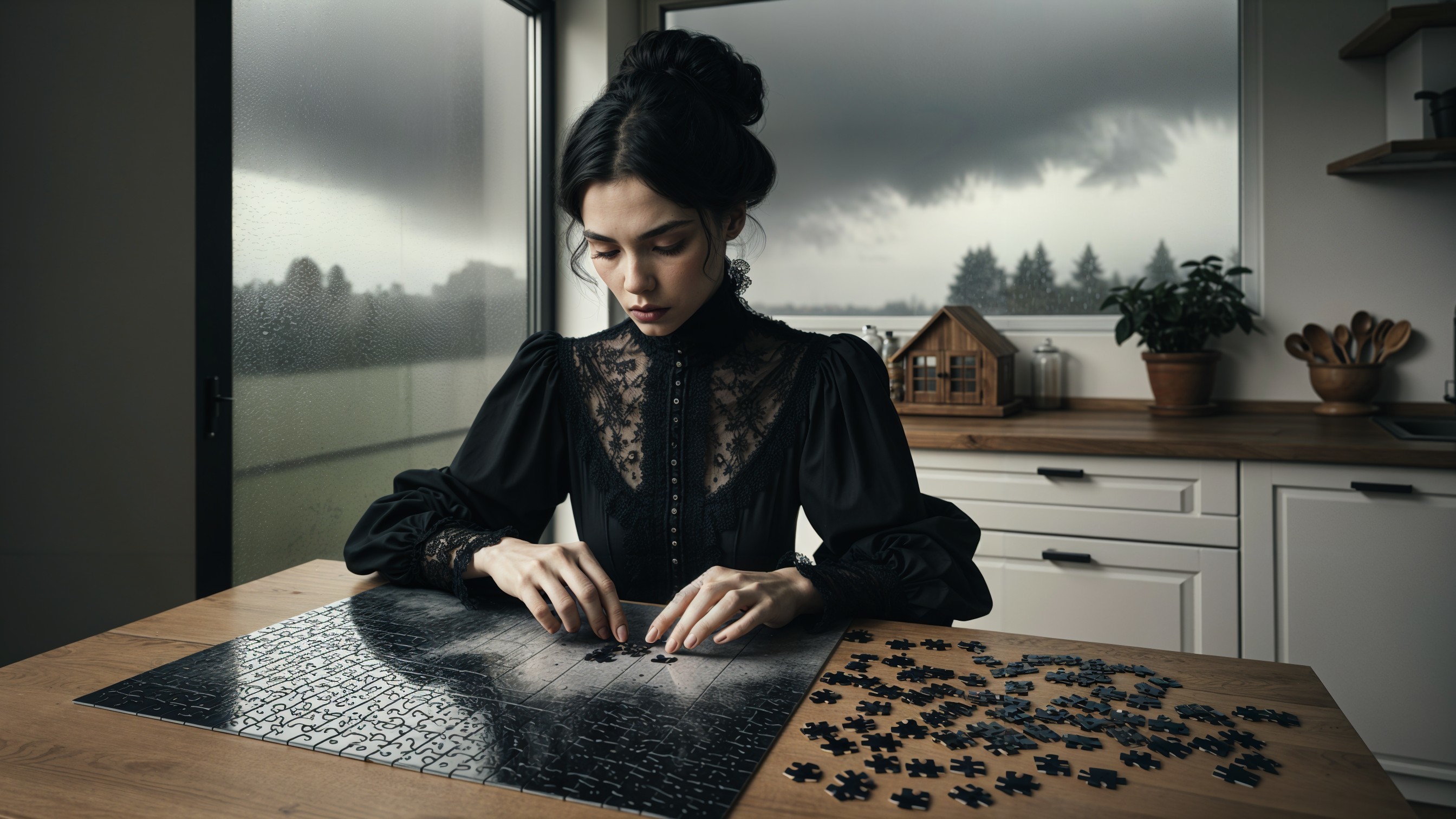 Young Woman in Vintage Dress Solving Puzzle Indoors