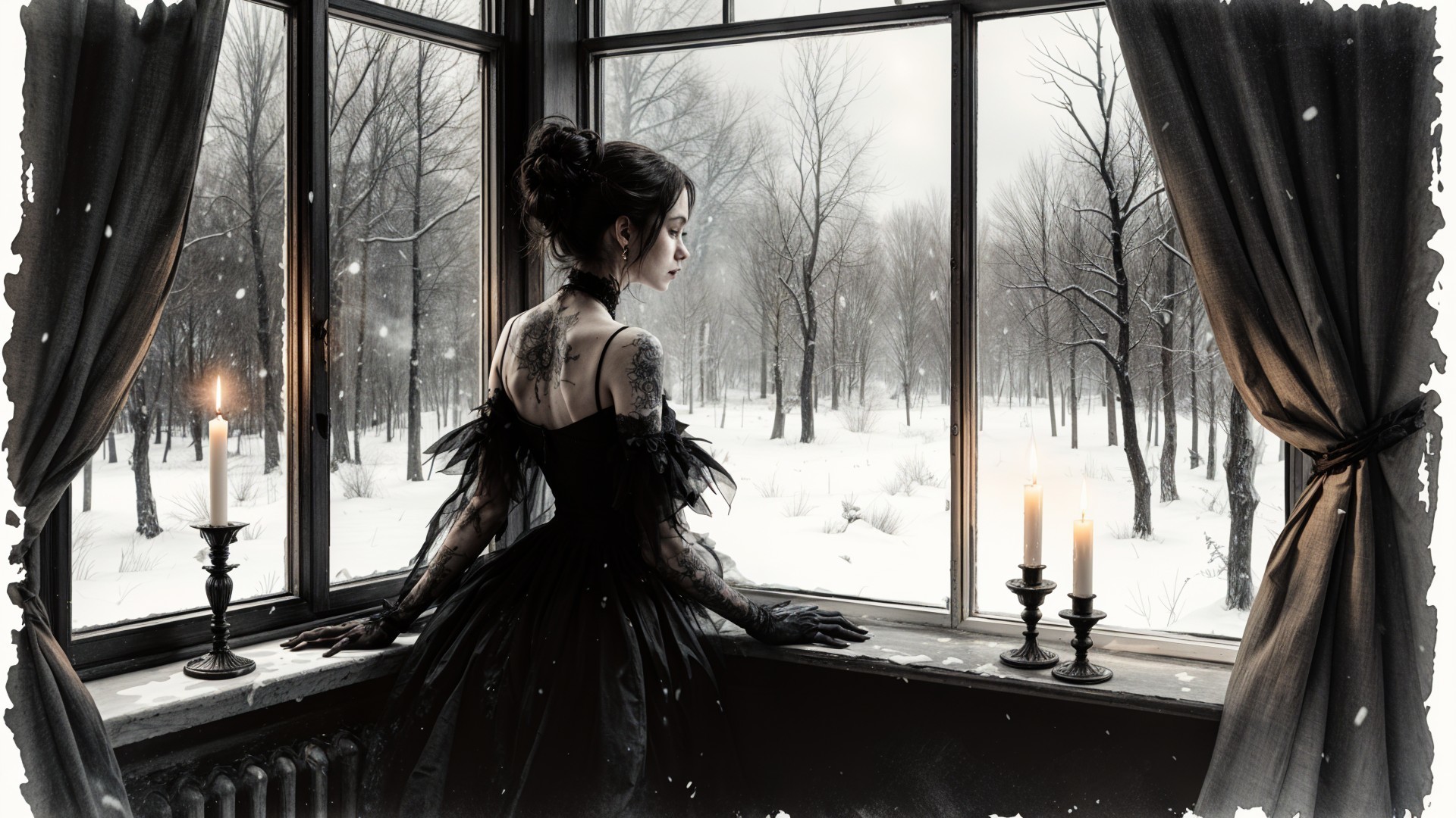 Gothic Woman in Dark Dress Gazing at Snowy Forest
